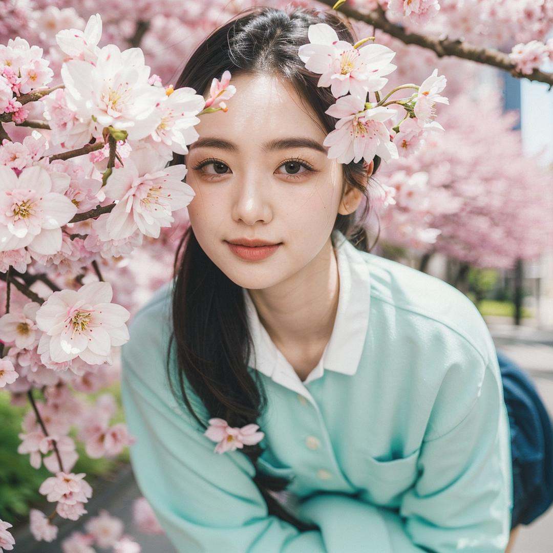 1girl,solo,formal,suit,(hands in pockets),standing,looking at viewer,outdoors,street,flower,cherry blossoms,((close-up:1.5)),film simulation,Highly detailed,(ultra-detailed),(best quality,masterpiece:1.5),
