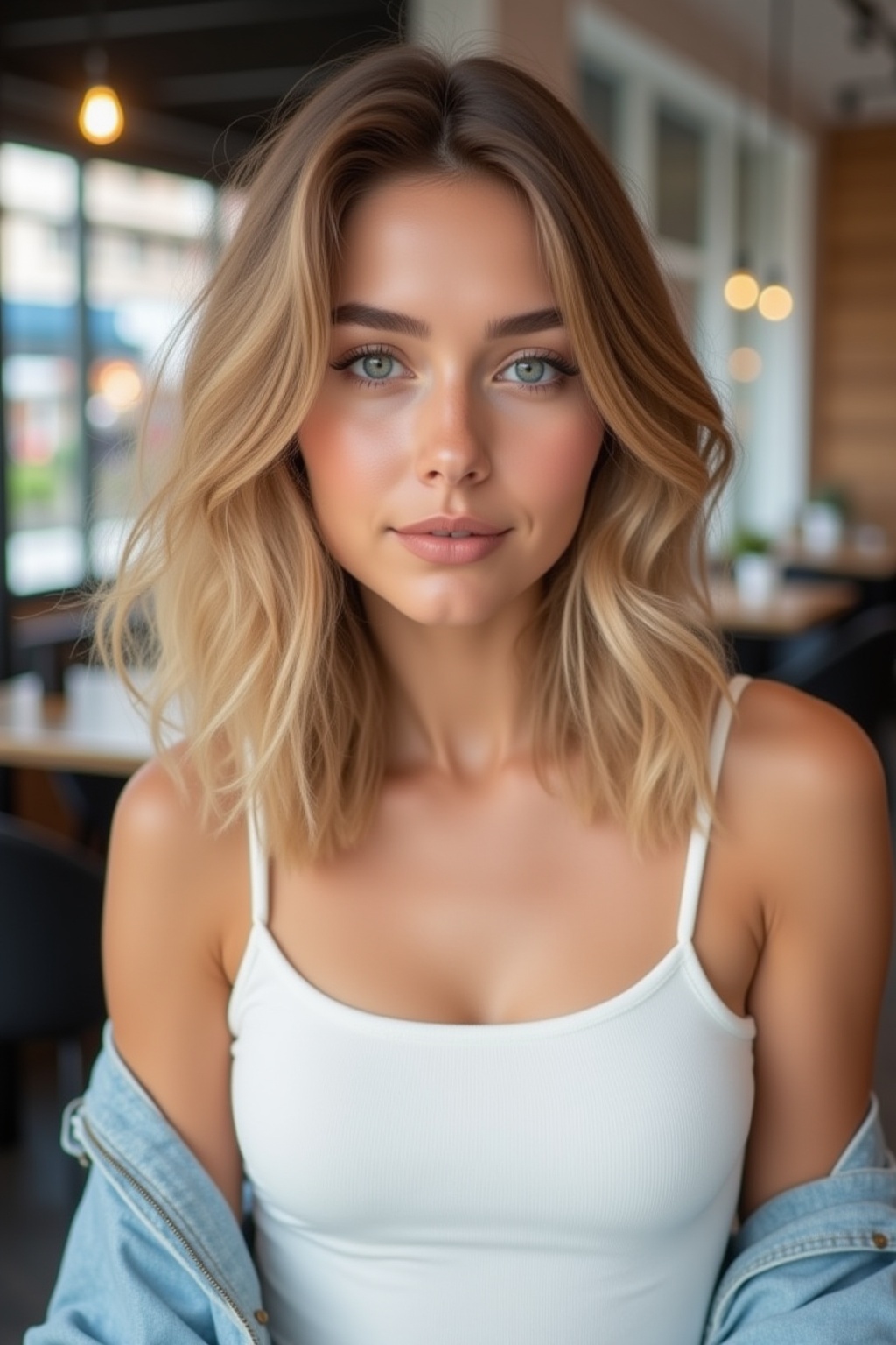 "A realistic portrait of a young woman with medium-length blonde hair styled in soft waves, wearing a simple white **** top. Her expression is calm and thoughtful, and her deep blue eyes reflect natural light. She has a light denim jacket draped over her shoulders, and in the background, there is a blurred cityscape view. The setting is in front of a modern café window with a warm, cozy atmosphere."