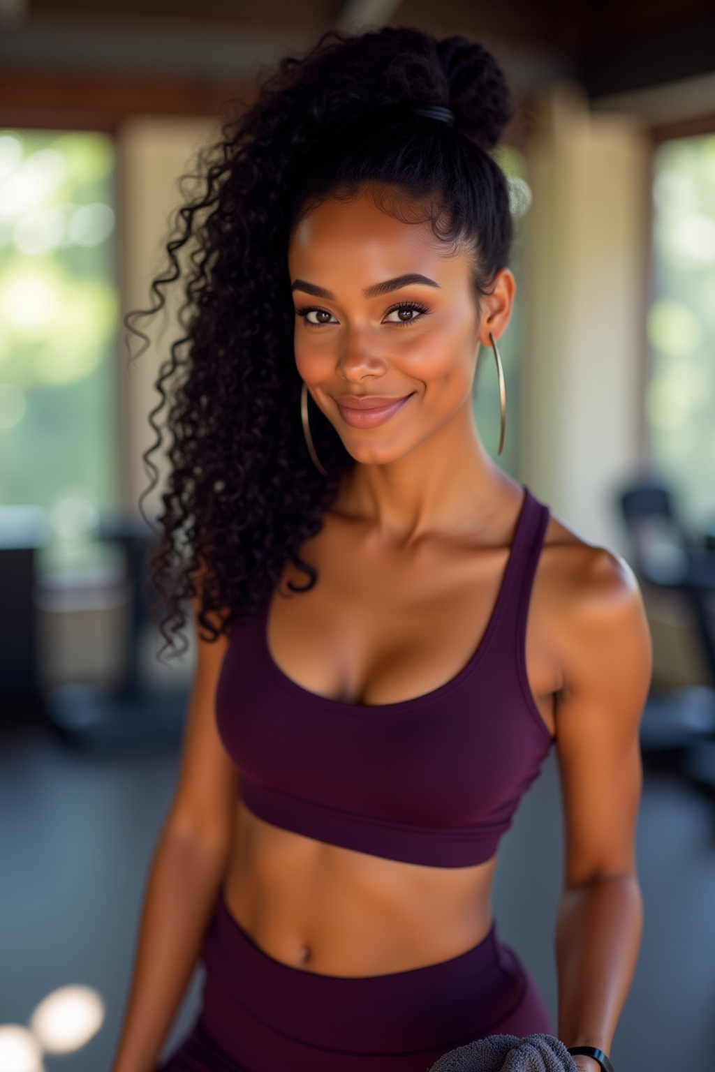 "A realistic portrait of a young woman with dark skin and a strong, athletic build. She has curly black hair pulled back into a high ponytail, with a few loose curls framing her face. She is wearing a form-fitting, dark purple sports bra and matching leggings that highlight her toned muscles. Her expression is confident and focused, with a slight smile showing her determination. The background is a soft, blurred gym interior with natural light streaming in, casting a warm glow on her skin. She holds a small towel in one hand and a fitness tracker is visible on her wrist."