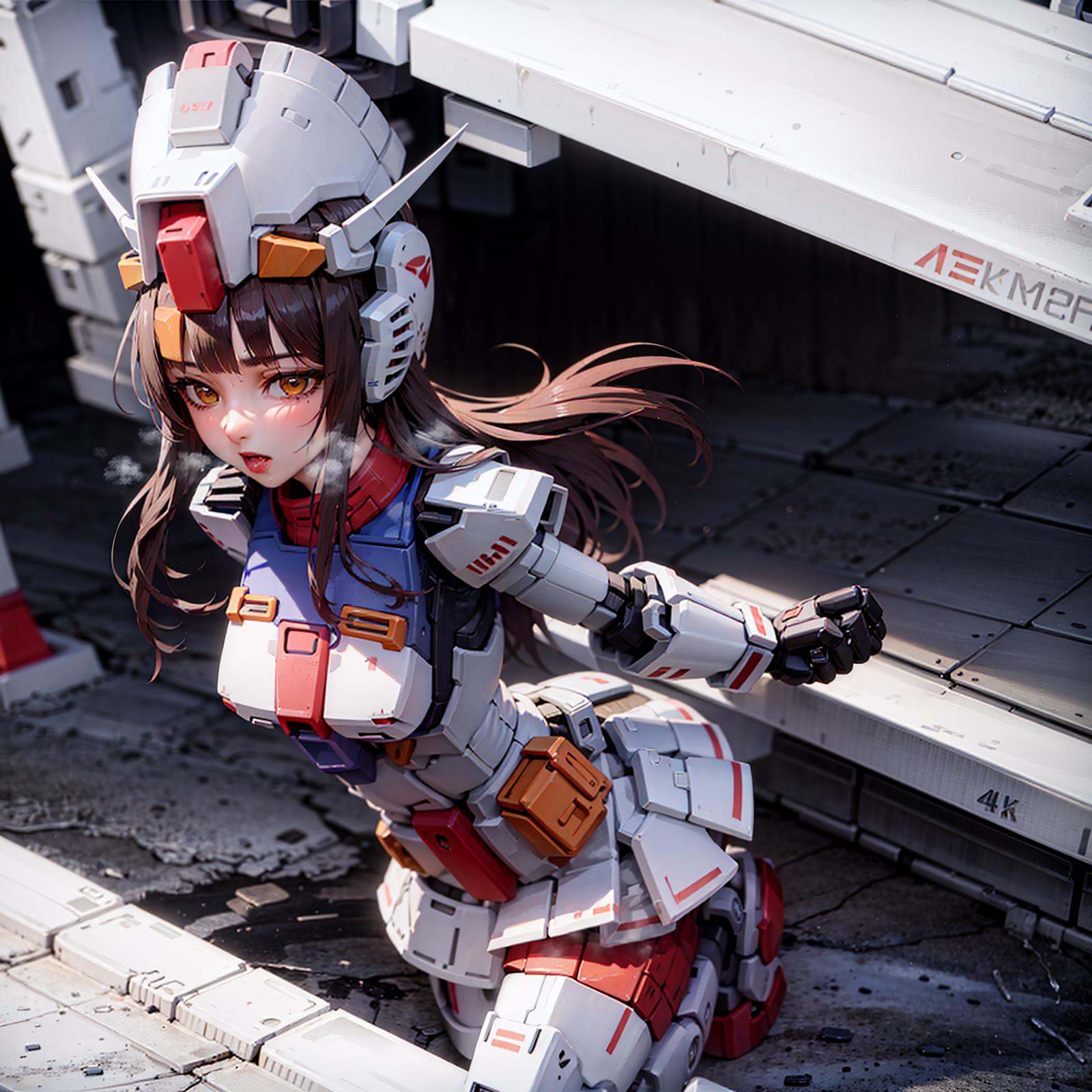 NSFW, realistic, gundam\(rx78\), ultra high res, best quality, photo, 4k, (photorealistic:1.4), 1girl, solo, (upper body:1.1),long hair, black hair, beautiful face, beautiful eyes, outside in the park with lake, running, mecha armor, short skirt, tight shirt