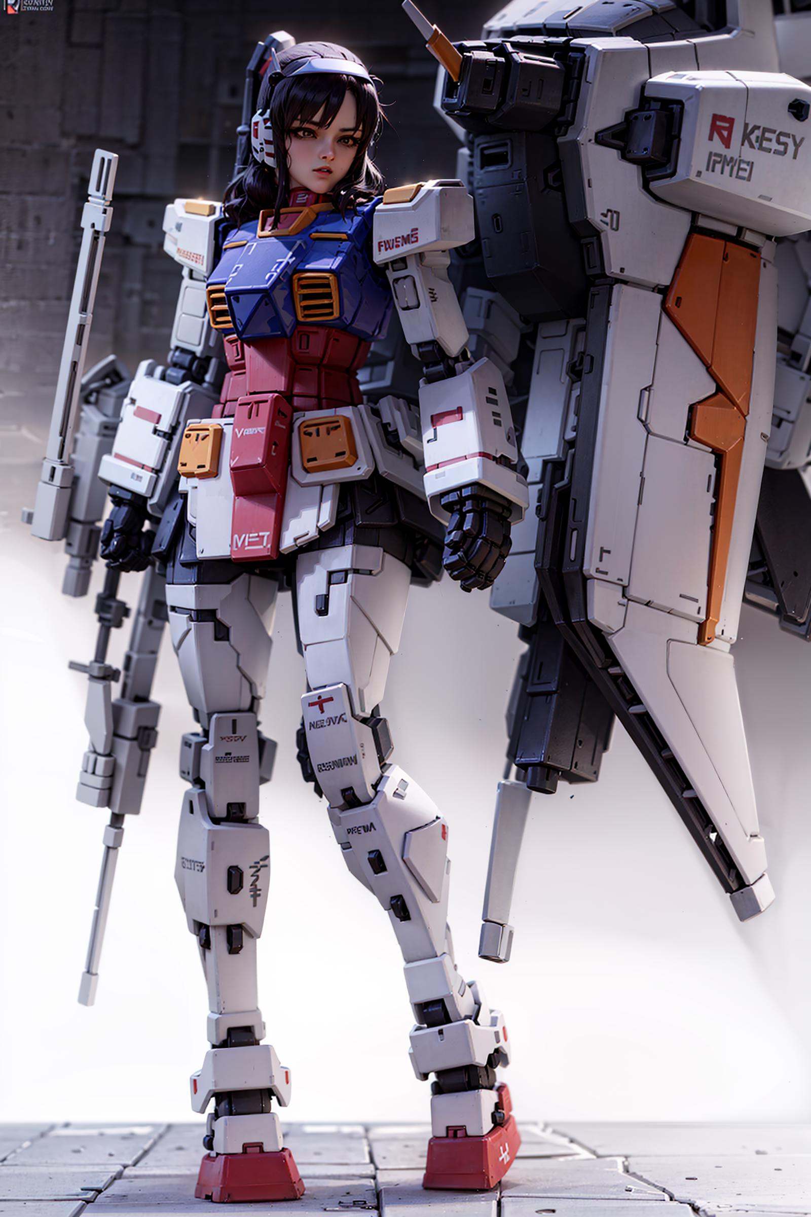 gundam\(rx78\), ultra high res, best quality, photo, 4k, realistic,  (photorealistic:1.4), 1girl, solo, (full body:1.1), twin ponytail, black hair, beautiful face, beautiful eyes, in the spaceship, running, mecha armor,  short skirt, tight shirt