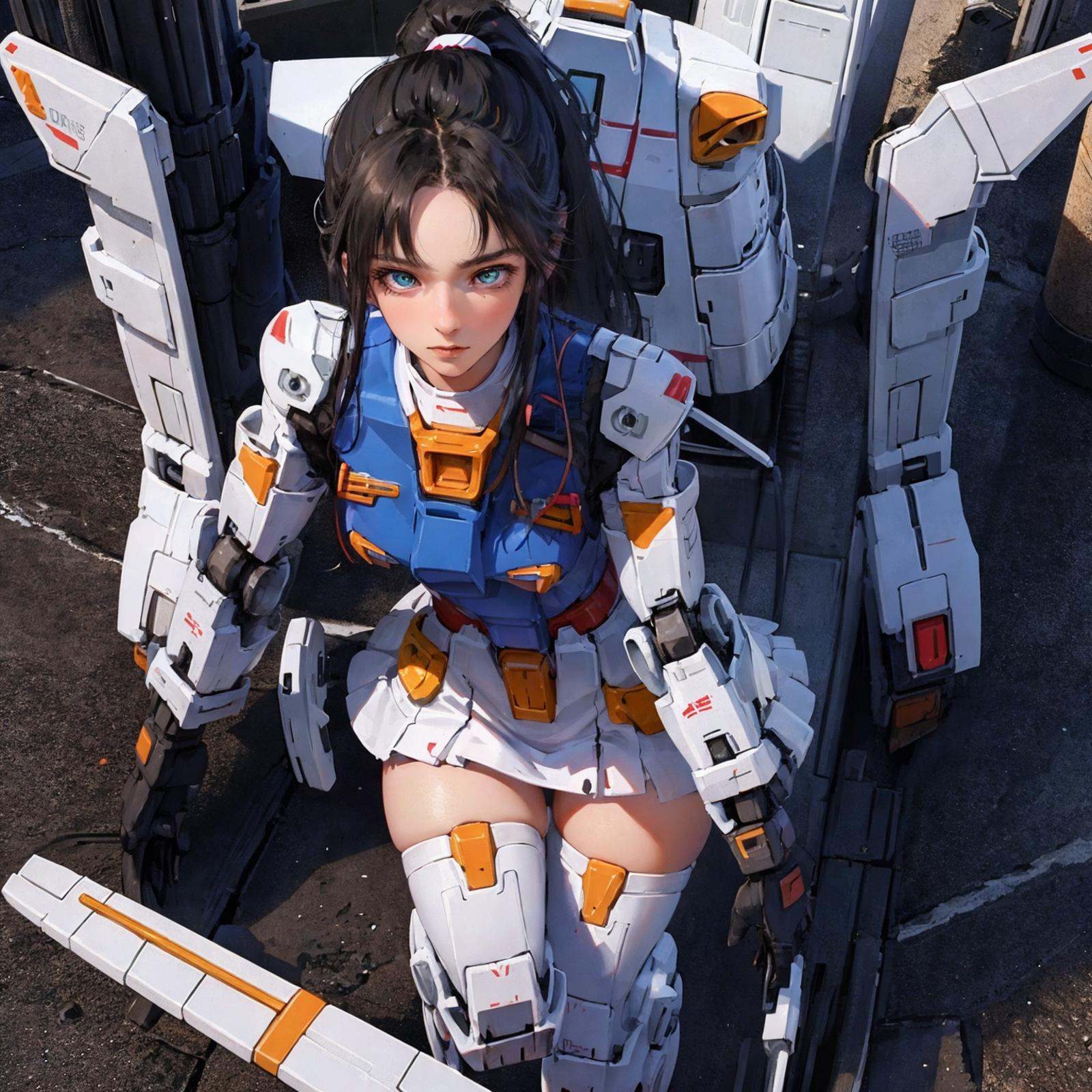 gundam\(rx78\), ultra high res, best quality, photo,  3d render,  4k, (photorealistic:1.4), ultra detail, masterpiece, 1girl, solo, twin ponytail, black hair, beautiful face, beautiful eyes,  in spaceship, running, mecha armor, short skirt, tight shirt