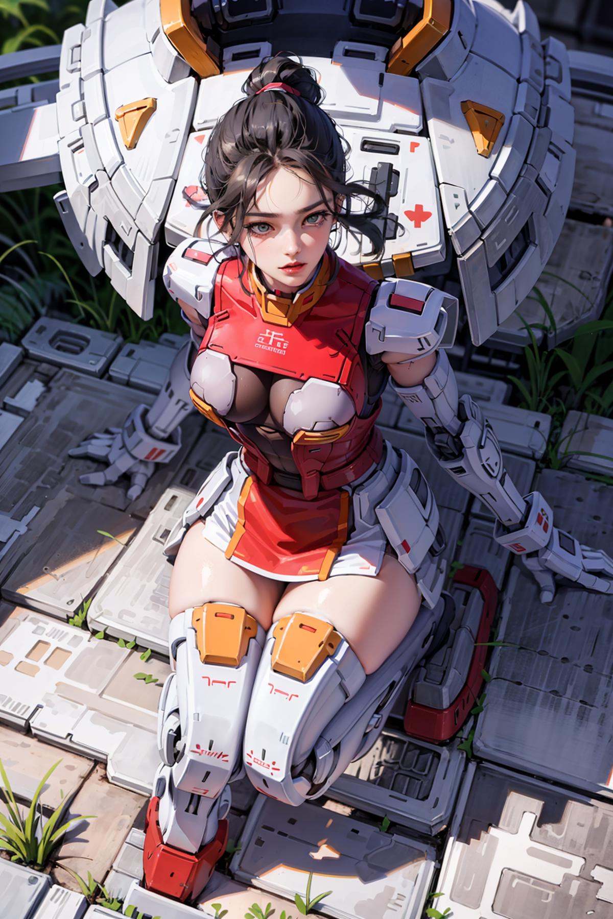 NSFW, gundam\(rx78\), ultra high res, best quality, photo, 4k, (photorealistic:1.4), 1girl, solo, (full body:1.1), twin ponytail, black hair, beautiful face, beautiful eyes, outside in the park with lake, running, mecha armor, depth of field, motion lines, short skirt, tight shirt