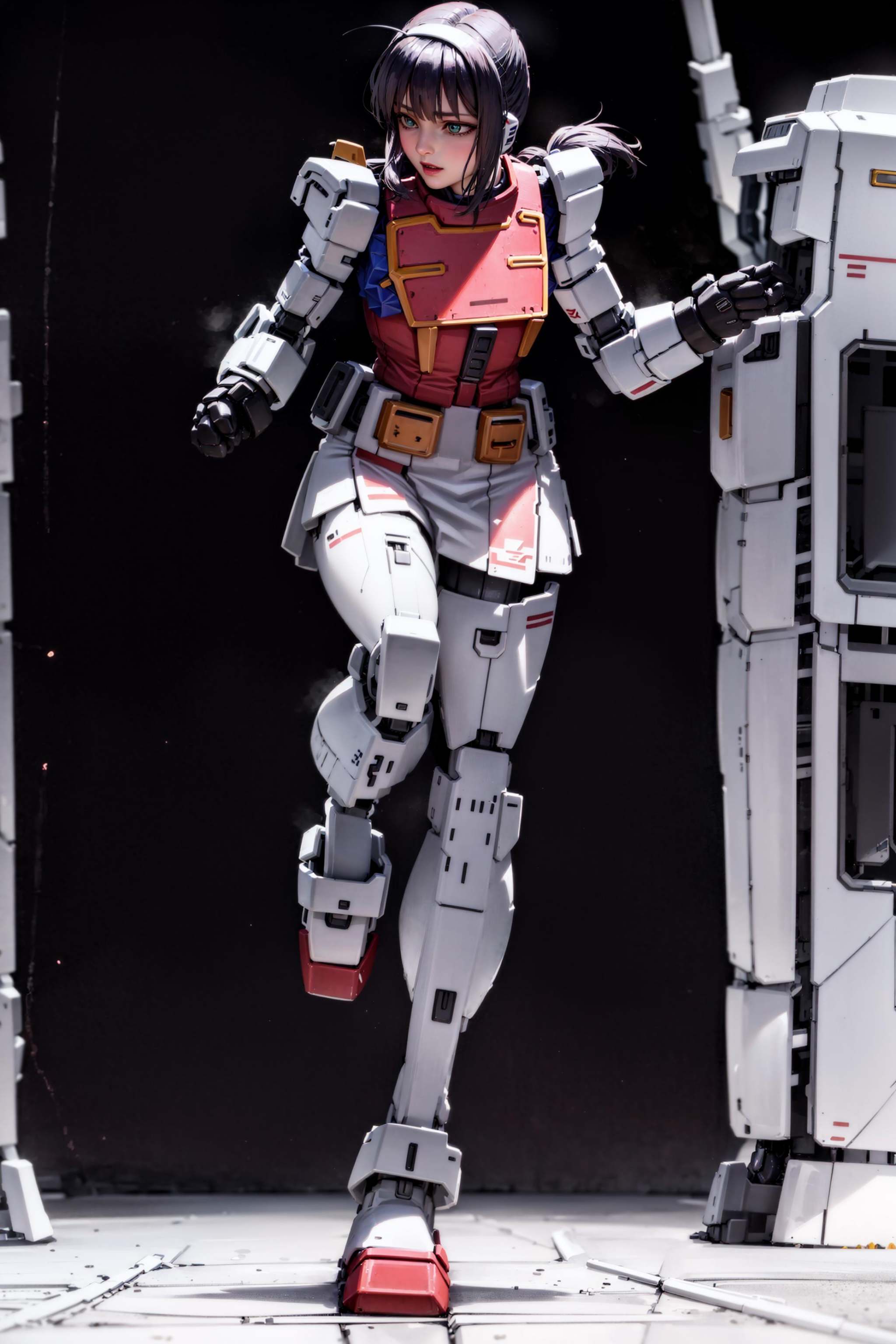 gundam\(rx78\), ultra high res, best quality, photo, 4k, realistic,  (photorealistic:1.4), 1girl, solo, (full body:1.1), twin ponytail, black hair, beautiful face, beautiful eyes, in the spaceship, running, mecha armor,  short skirt, tight shirt