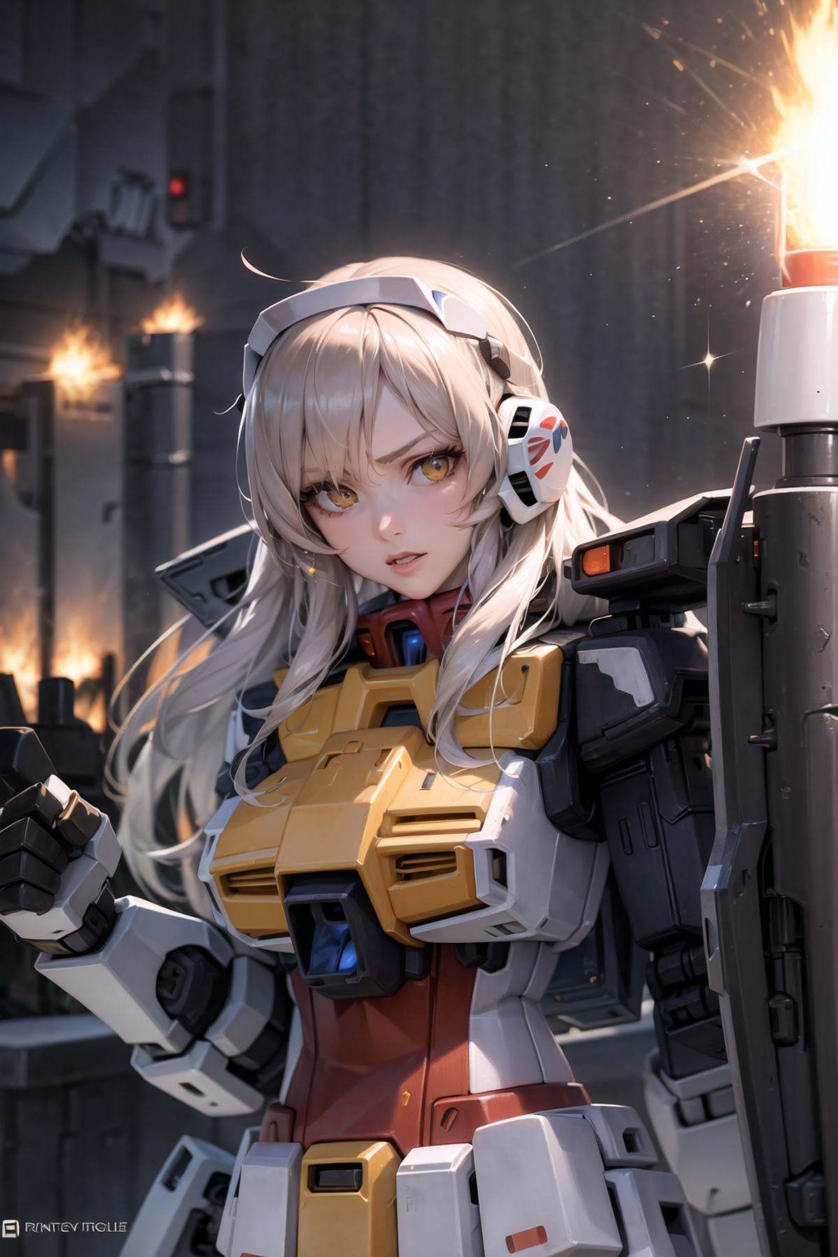 realistic, 1girl, mecha_musume, with extremely large robotic hands, large mecha arm, breasts, a giant (Gundam rx78 1.2) robot wiht a gun in its hand and Shield in the middle of the battlefield; (Upper Body1.2), and ruins, sparks, and flames surround it, Steel, edge rust, and edge wear, (extremely detailed CG unity 8k wallpaper), realistic, masterpiece, highest quality, ((scifi)), lens flare, ((light sparkles)), unreal engine, digital painting, Style-TronLegacy-8v-B, trending on ArtStation, trending on CGSociety, Intricate, High Detail, dramatic, realism, beautiful and detailed lighting, shadows <lora:itrobo2022Highly_12Lora:0.4> <lora:epicdiffusionLora300_epicdiffusionLora300:0.4> opt-6000，{{make a fist}}, masterpiece, best quality,