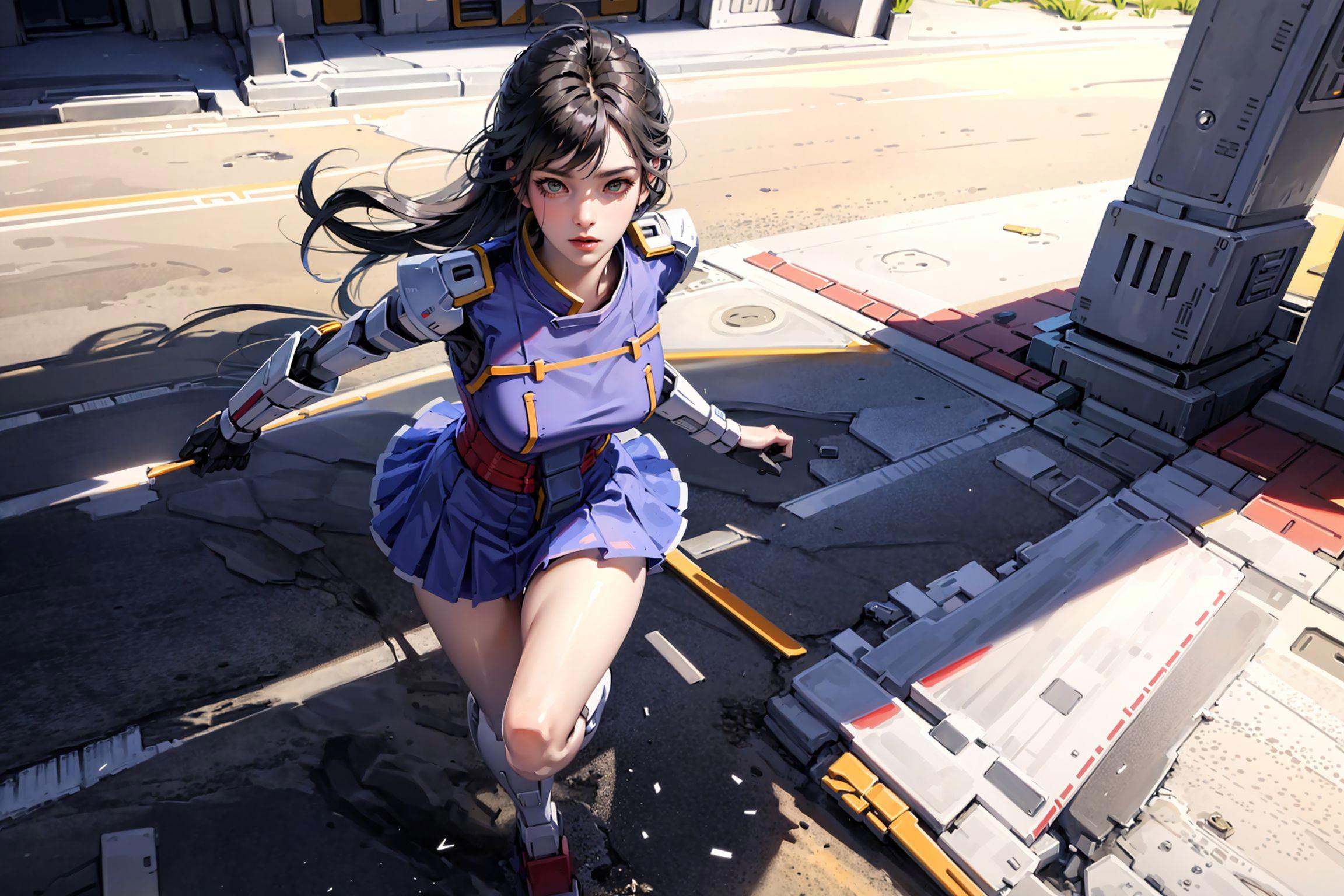 gundam\(rx78\), ultra high res, best quality, photo, 4k, (photorealistic:1.4), 1girl, solo, (full body:1.1),long hair, black hair, beautiful face, beautiful eyes, outside in the park with lake, running, mecha armor, depth of field, motion lines, short skirt, tight shirt 