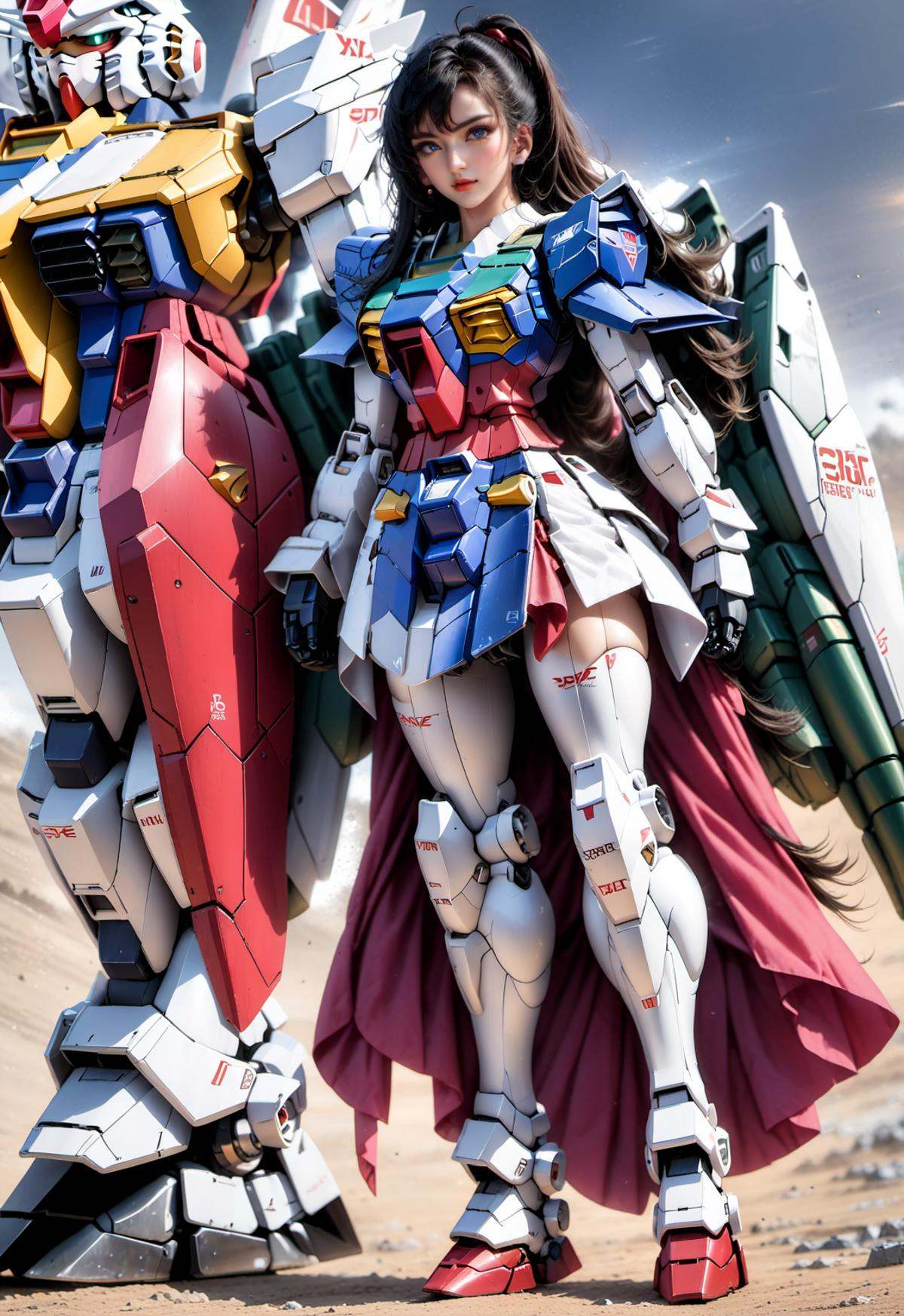 (8k, RAW photo, best quality, masterpiece:1.3), realistic, <lora:sdxl_loha_RX78_v2:0.9>, gundam\(RX78\), 1girl, solo, long hair, black hair, mobile suit, holding, mecha, huge breasts, looking at viewer, blue eyes, (full body:3), bangs, science fiction,  open mouth, covered navel, skin tight, weapon, tail, long pants, dancing, red skirt, long shoes, long cape, leg armor:1.5, thighhighs, 