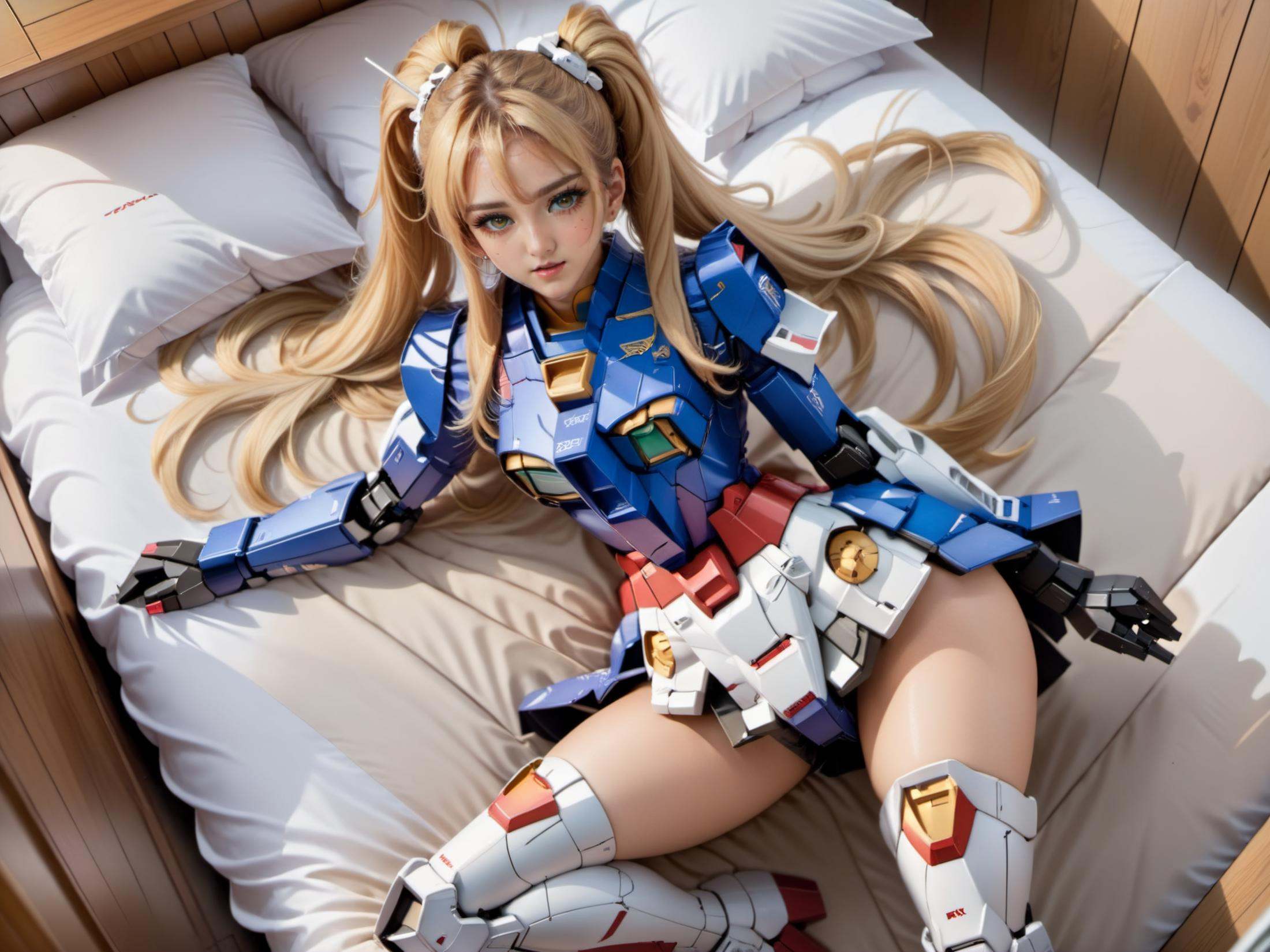 (8k, RAW photo, best quality, masterpiece:1.3), realistic, <lora:sdxl_loha_RX78_v2:0.8>, gundam\(RX78\), 1girl, solo, long hair, blonde hair, ponytail, white thighhighs, long leg, high heels, skirt, face to the viewer, full body, from bottom,lay on bed,in bedroom, open legs