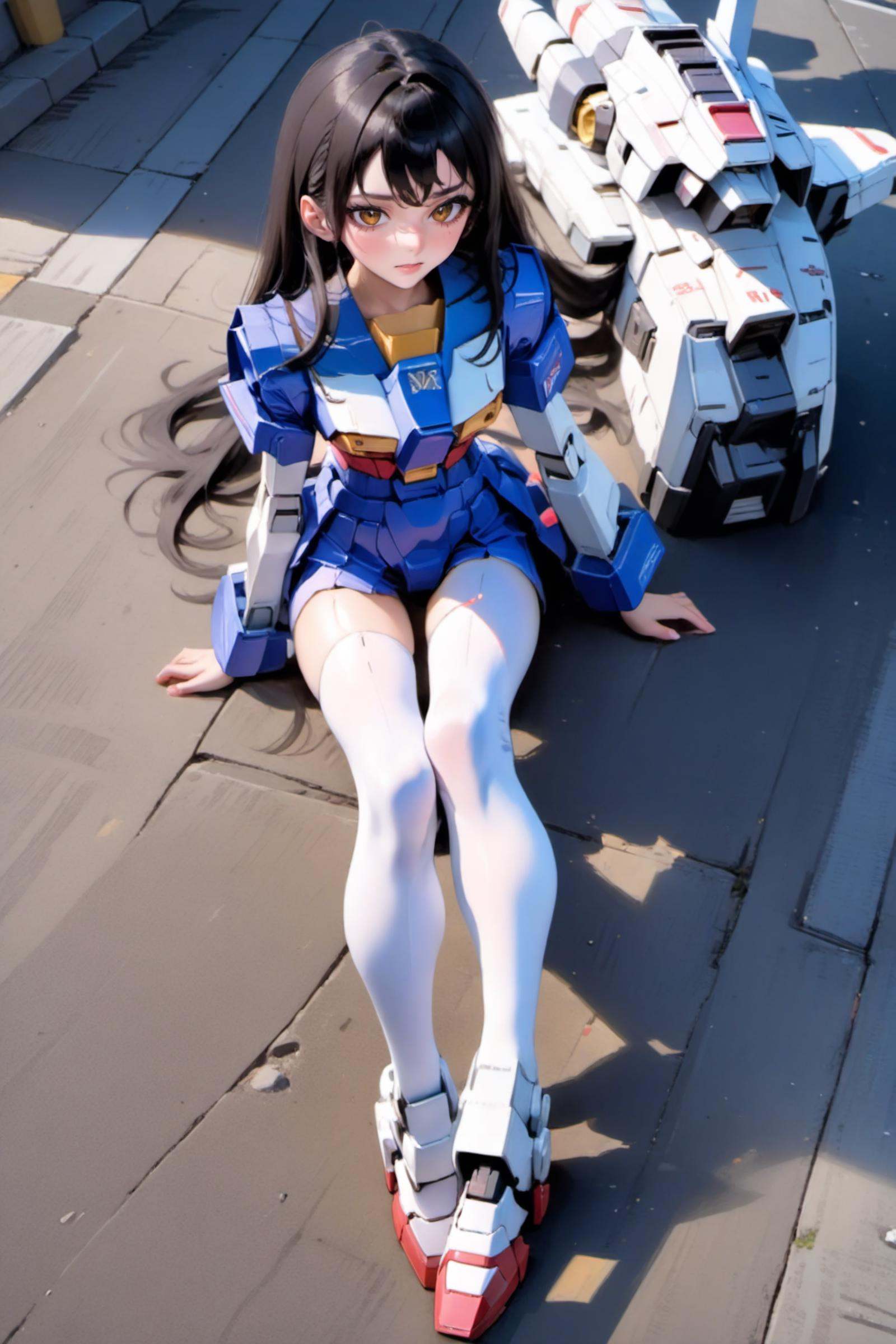 (8k, RAW photo, best quality, masterpiece:1.3), realistic, <lora:sdxl_loha_RX78_v2:0.8>, gundam\(RX78\), 1girl, solo, long hair, black hair, mobile suit, white thighhighs, long leg, cover ass, long trousers, high heels, skirt, face to the viewer, full body, from top,lay on ground