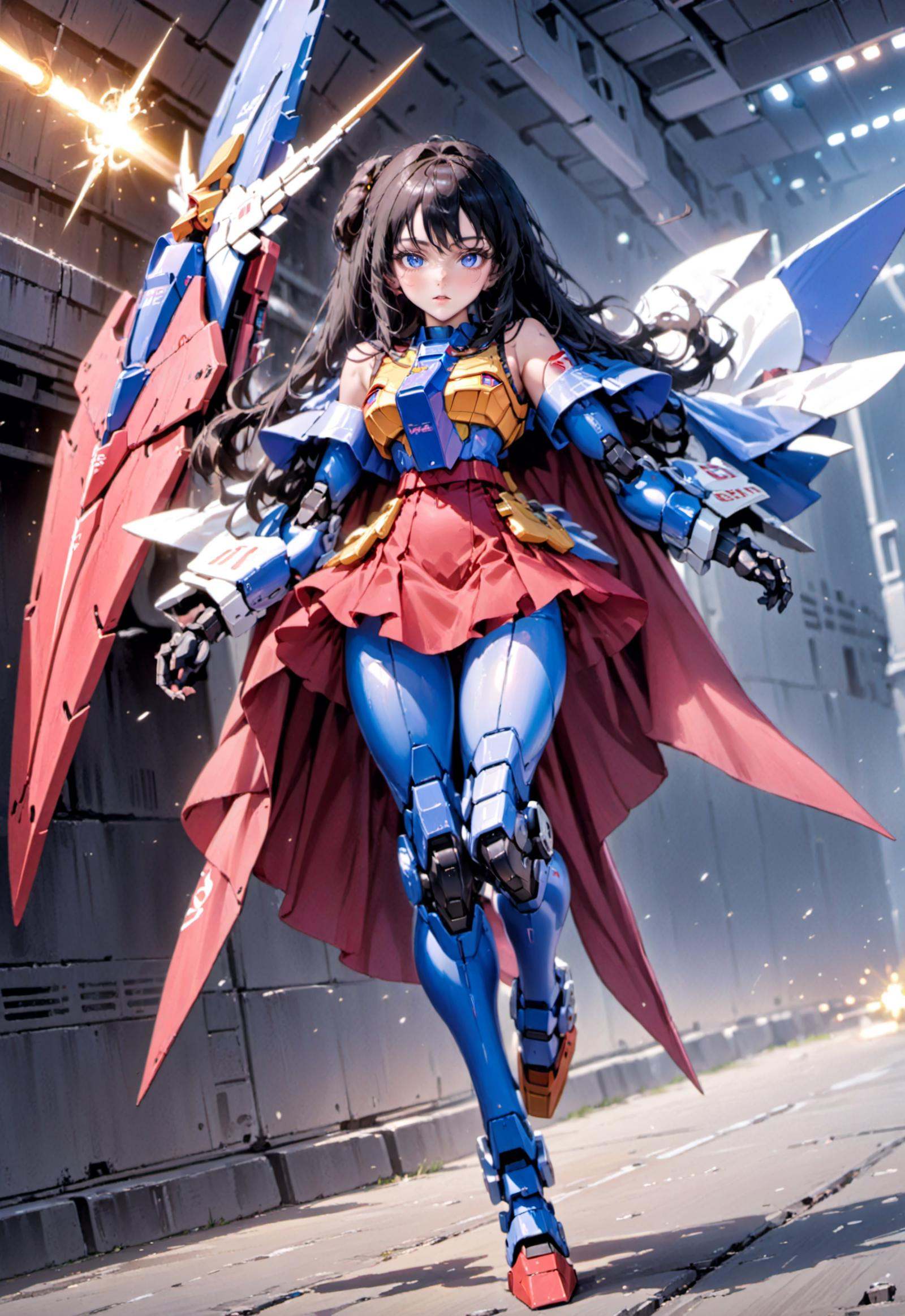 (8k, RAW photo, best quality, masterpiece:1.3), realistic, <lora:sdxl_loha_RX78_v2:0.9>, gundam\(RX78\), 1girl, solo, long hair, black hair, mobile suit, holding, mecha, huge breasts, looking at viewer, blue eyes, (full body:3), bangs, science fiction,  open mouth, covered navel, skin tight, weapon, tail, long pants, dancing, red skirt, long shoes, long cape, leg armor:1.5, thighhighs, 