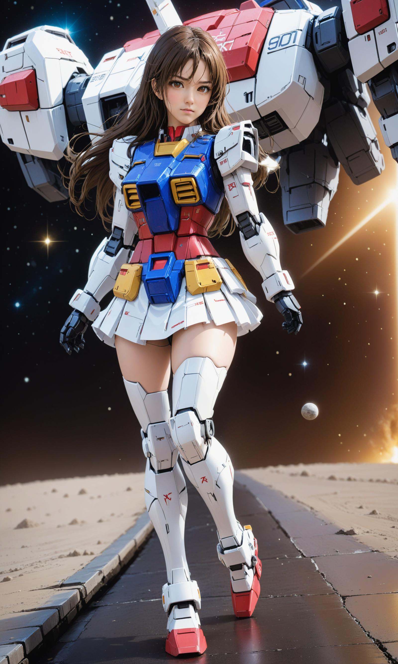 masterpiece, ({1girl is in mache armor with jumping pose, full body, long hair, short skirt}:1.3), realistic:2, intricate detail, highly detailed, great textures, 8k, 100000000 detail, gundam\\(rx78\\), armor, full body, <lora:RX78_SDXL_v3_loha:0.2>