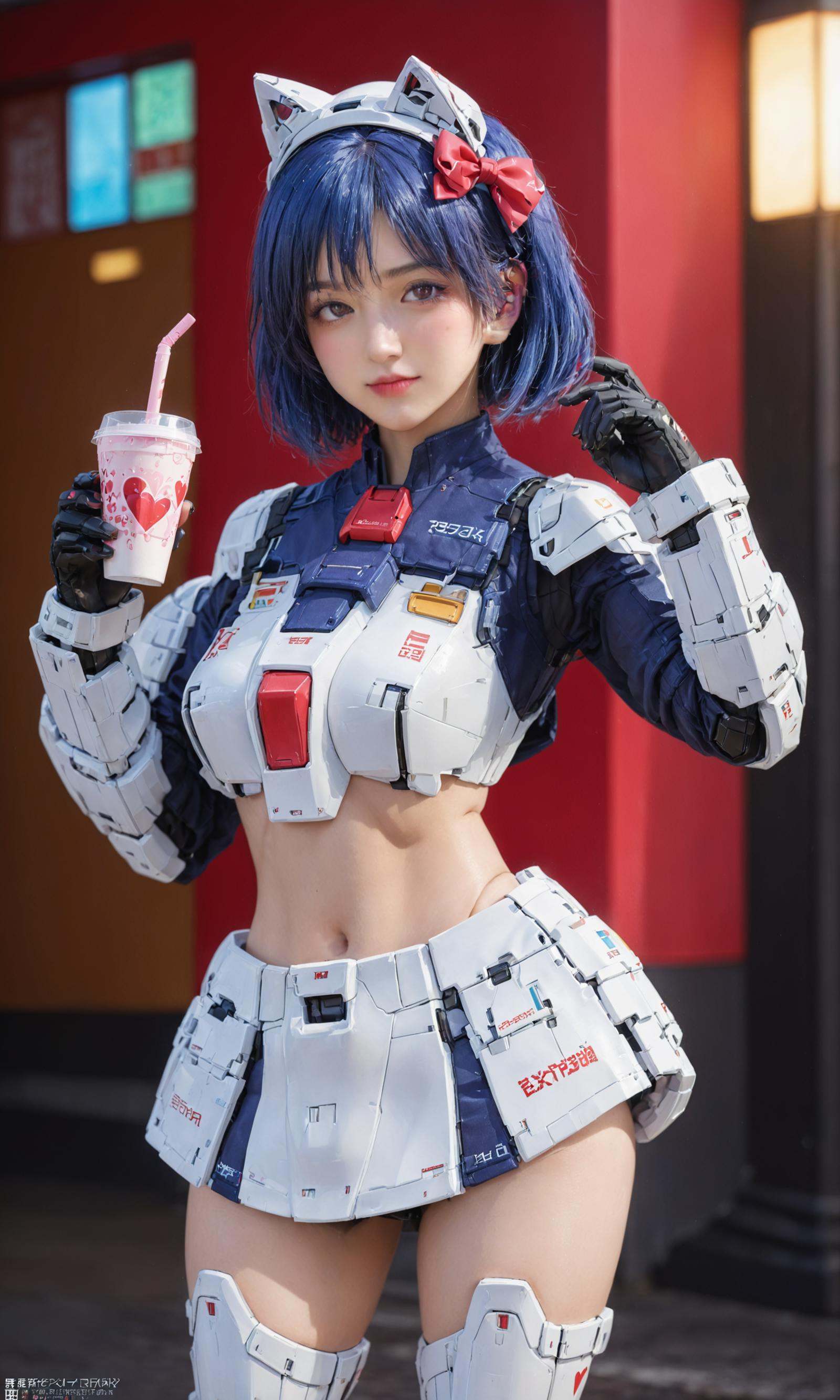 masterpiece, ({1girl is in mache armor with jumping pose, full body, long hair, short skirt}:1.3), realistic:2, intricate detail, highly detailed, great textures, 8k, 100000000 detail, gundam\\(rx78\\), armor, full body, <lora:RX78_SDXL_v3_loha:0.65>,detailed_background,indoors,ribbon,solo,full_body,red_ribbon,smile,shiny_skin,fang,convenient_censoring,pink_socks,red_bow,wavy_hair,double-parted_bangs,looking_at_viewer,holding,oruka_\(kamituki0827\),socks,fang_out,remilia_scarlet,heart,bandaids_on_nipples,bandaid,pinky_out,short_hair,blue_hair,bow_legwear,pink_gloves,navel,bib,collarbone,touhou,breasts,bow,gloves,hat,nude,*****,heart_print,hand_up,small_breasts,holding_cup,mob_cap,1girl,cup,petite,pasties,red_eyes,standing,highres,pink_headwear,narrowed_eyes,hat_ribbon,closed_mouth,bare_shoulders, (RAW photo, best quality, masterpiece:1.2), ultra high res, (photorealistic:1.4),