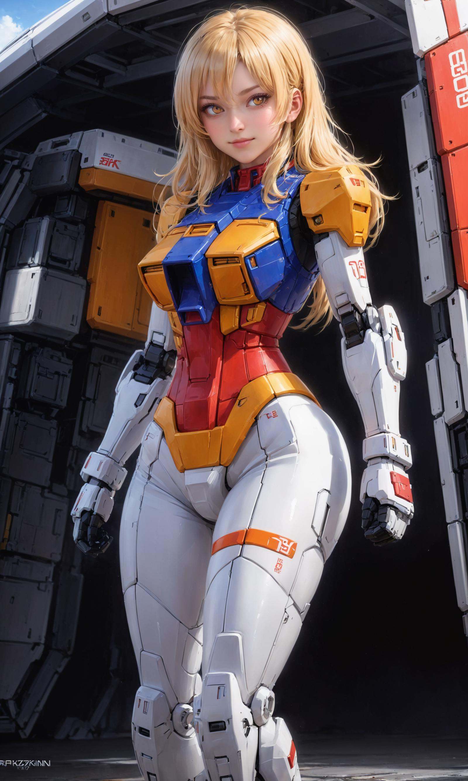 masterpiece, ({1girl is in mache armor with jumping pose, full body, long hair, short skirt}:1.3), realistic:2, intricate detail, highly detailed, great textures, 8k, 100000000 detail, gundam\\(rx78\\), armor, full body, <lora:RX78_SDXL_v3_loha:0.75>,detailed_background,indoors,breasts,redjet,looking_at_viewer,smile,bodysuit,solo,eye_mask,boku_no_hero_academia,blonde_hair,skin_tight,cameltoe,1girl,large_breasts,leaning_forward,mount_lady,orange_eyes, (RAW photo, best quality, masterpiece:1.2), ultra high res, (photorealistic:1.4),