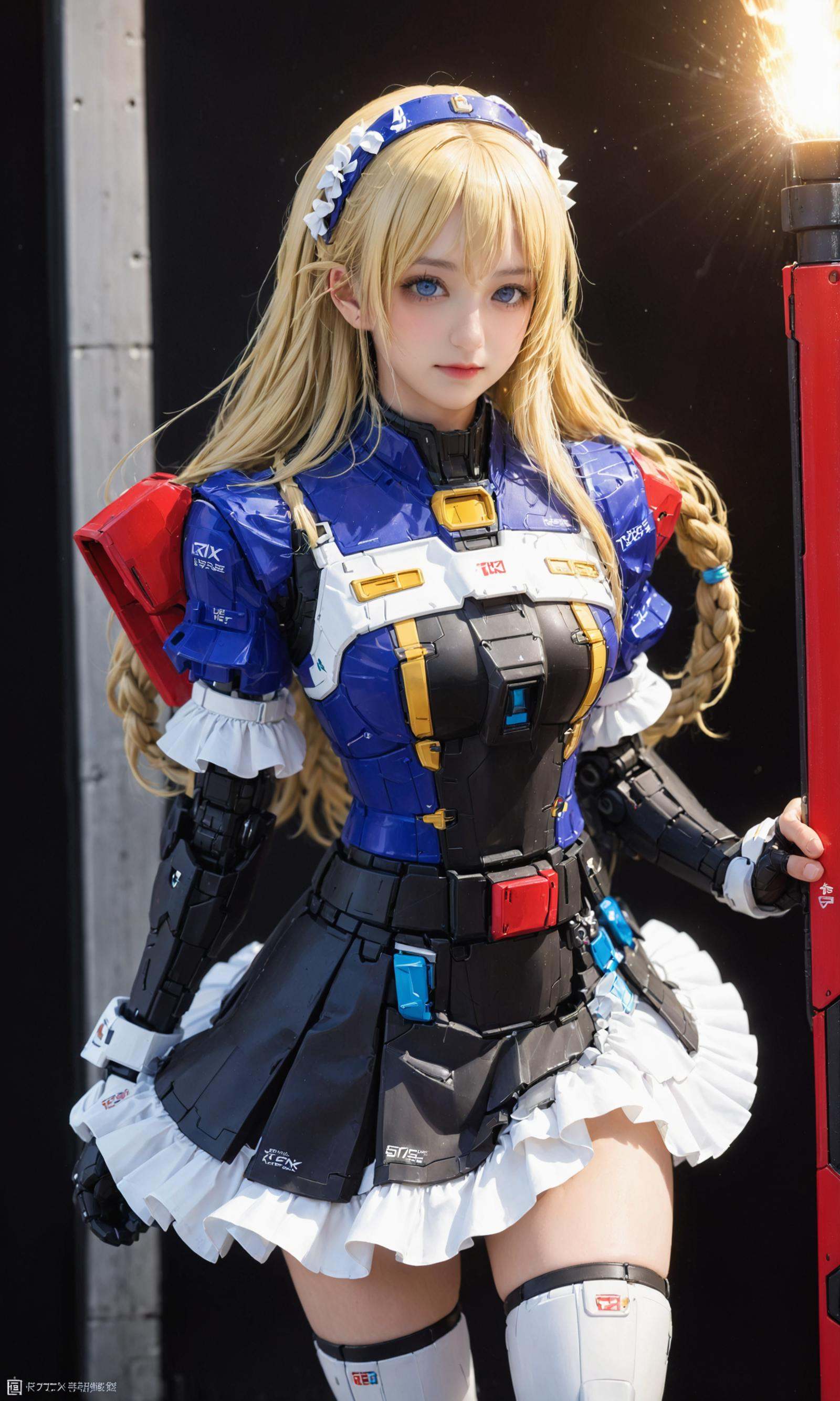 masterpiece, ({1girl is in mache armor with jumping pose, full body, long hair, short skirt}:1.3), realistic:2, intricate detail, highly detailed, great textures, 8k, 100000000 detail, gundam\\(rx78\\), armor, full body, <lora:RX78_SDXL_v3_loha:0.65>,detailed_background,indoors,small_breasts,solo,bucket,bloomers,white_bloomers,maid,fate_\(series\),maid_headdress,oversized_object,skirt,sash,braid,tentacles,breasts,long_hair,highres,keyhole,blonde_hair,layered_skirt,abigail_williams_\(fate\),looking_at_viewer,sleeves_past_wrists,smile,abigail_williams_\(festival_outfit\)_\(fate\),shiro_ami,french_braid,key,mop,alternate_costume,dress,enmaided,blue_eyes,absurdres,black_skirt,parted_bangs,very_long_hair,sleeves_past_fingers,white_dress,fate/grand_order,underwear,forehead,1girl,sidelocks, (RAW photo, best quality, masterpiece:1.2), ultra high res, (photorealistic:1.4),