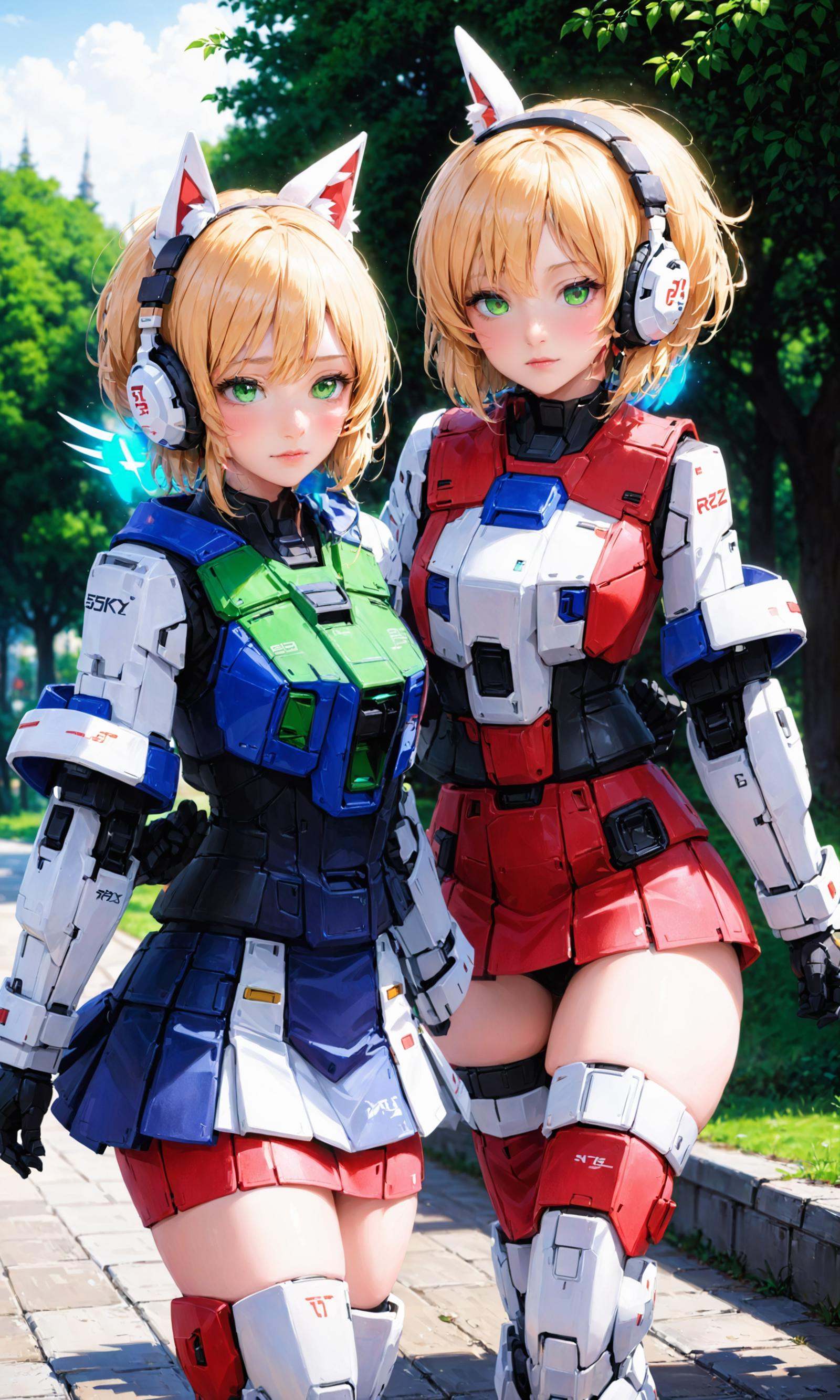 masterpiece, ({1girl is in mache armor with jumping pose, full body, long hair, short skirt}:1.3), realistic:2, intricate detail, highly detailed, great textures, 8k, 100000000 detail, gundam\\(rx78\\), armor, full body, <lora:RX78_SDXL_v3_loha:0.65>,detailed_background,outdoors,momoi_\(blue_archive\),blue_archive,bow,midori_\(blue_archive\),two-sided_fabric,twins,blush,multiple_girls,wide_sleeves,short_hair,headphones,red_bow,blonde_hair,jacket,animal_ear_headphones,halo,ponshu_\(ponshuislife\),green_eyes,white_jacket,sisters,animal_ears,two-sided_jacket,hair_bow,fake_animal_ears,siblings,2girls,highres,pink_halo,long_sleeves,green_halo, (RAW photo, best quality, masterpiece:1.2), ultra high res, (photorealistic:1.4),
