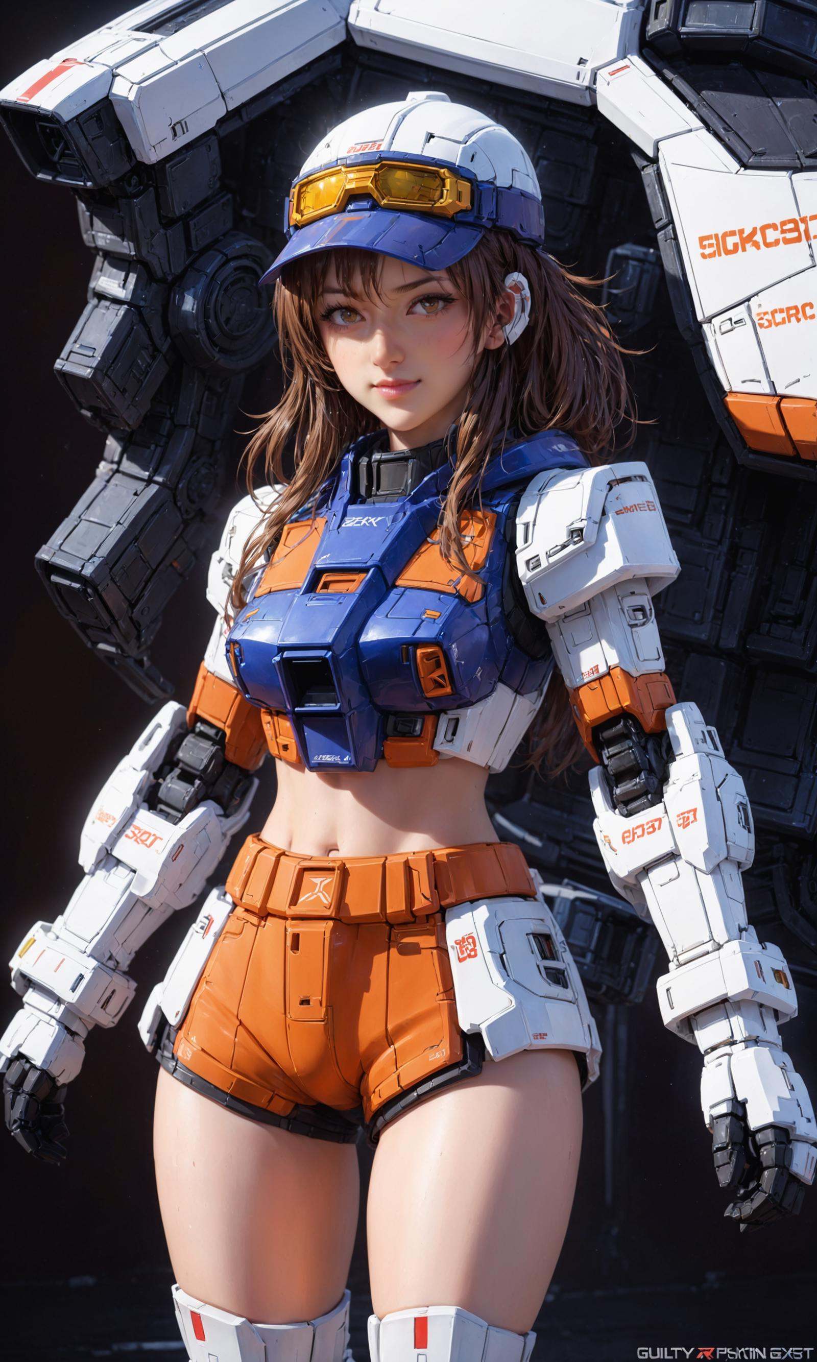 masterpiece, ({1girl is in mache armor with jumping pose, full body, long hair, short skirt}:1.3), realistic:2, intricate detail, highly detailed, great textures, 8k, 100000000 detail, gundam\\(rx78\\), armor, full body, <lora:RX78_SDXL_v3_loha:0.75>,detailed_background,indoors,highres,fingerless_gloves,1girl,bike_shorts,its_just_suppi,hat,cabbie_hat,orange_headwear,smile,brown_hair,gloves,black_gloves,may_\(guilty_gear\),guilty_gear,hat_ornament,black_shorts,skull_hat_ornament,v,skull_and_crossbones,double_v,guilty_gear_strive,orange_hoodie,long_hair,brown_eyes,hoodie,looking_at_viewer,hood,shorts, (RAW photo, best quality, masterpiece:1.2), ultra high res, (photorealistic:1.4),