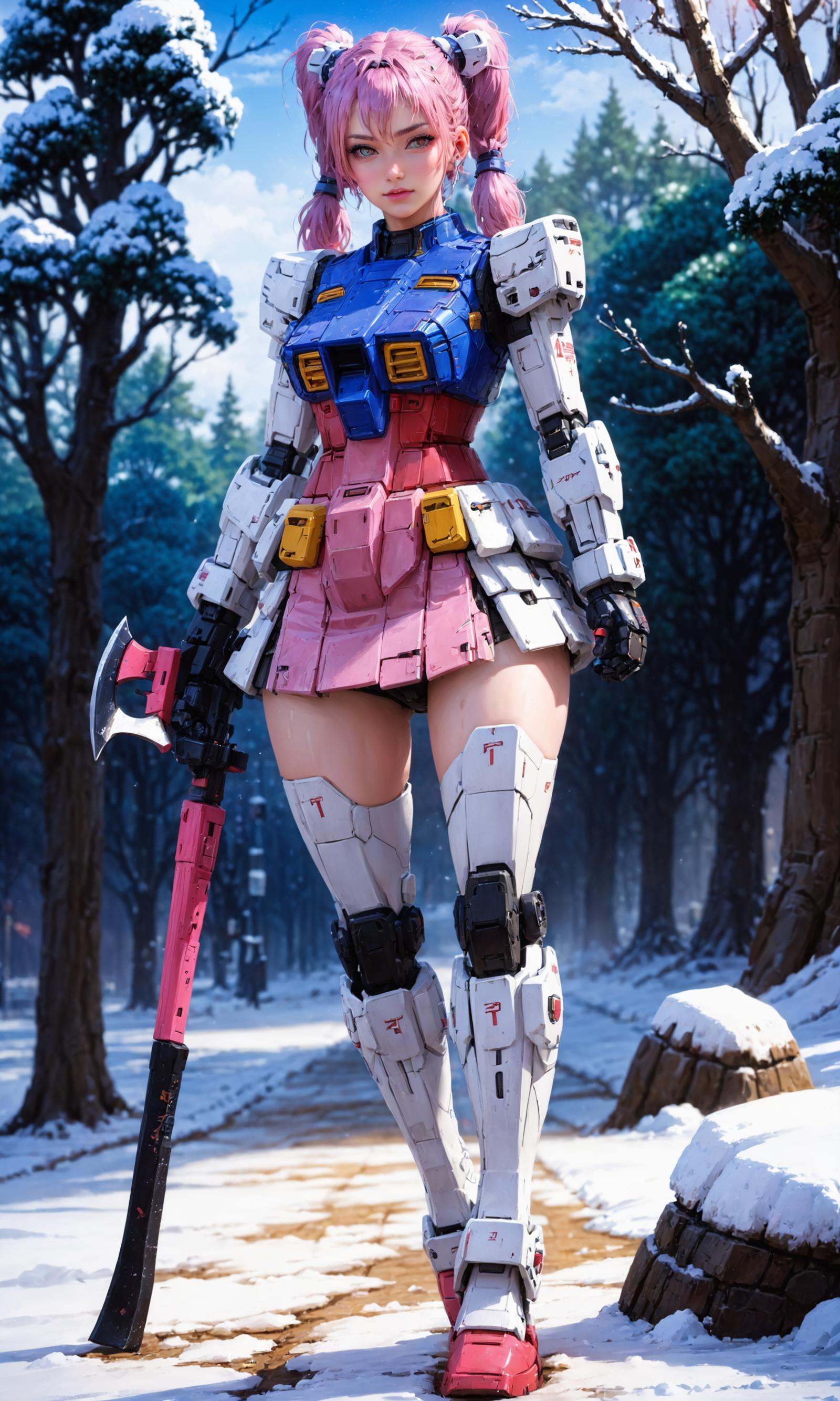 masterpiece, ({1girl is in mache armor with jumping pose, full body, long hair, short skirt}:1.3), realistic:2, intricate detail, highly detailed, great textures, 8k, 100000000 detail, gundam\\(rx78\\), armor, full body, <lora:RX78_SDXL_v3_loha:0.75>,detailed_background,outdoors,black_footwear,highres,toxic_ghost,long_sleeves,blood_on_clothes,holding,tree,weapon,absurdres,solo,1girl,piercing,purple_eyes,snow,holding_axe,breath,standing,holding_weapon,looking_at_viewer,full_body,outdoors,chaps,axe,bloody_weapon,pink_hair,blood,bare_tree,twintails,short_twintails,ear_piercing, (RAW photo, best quality, masterpiece:1.2), ultra high res, (photorealistic:1.4),