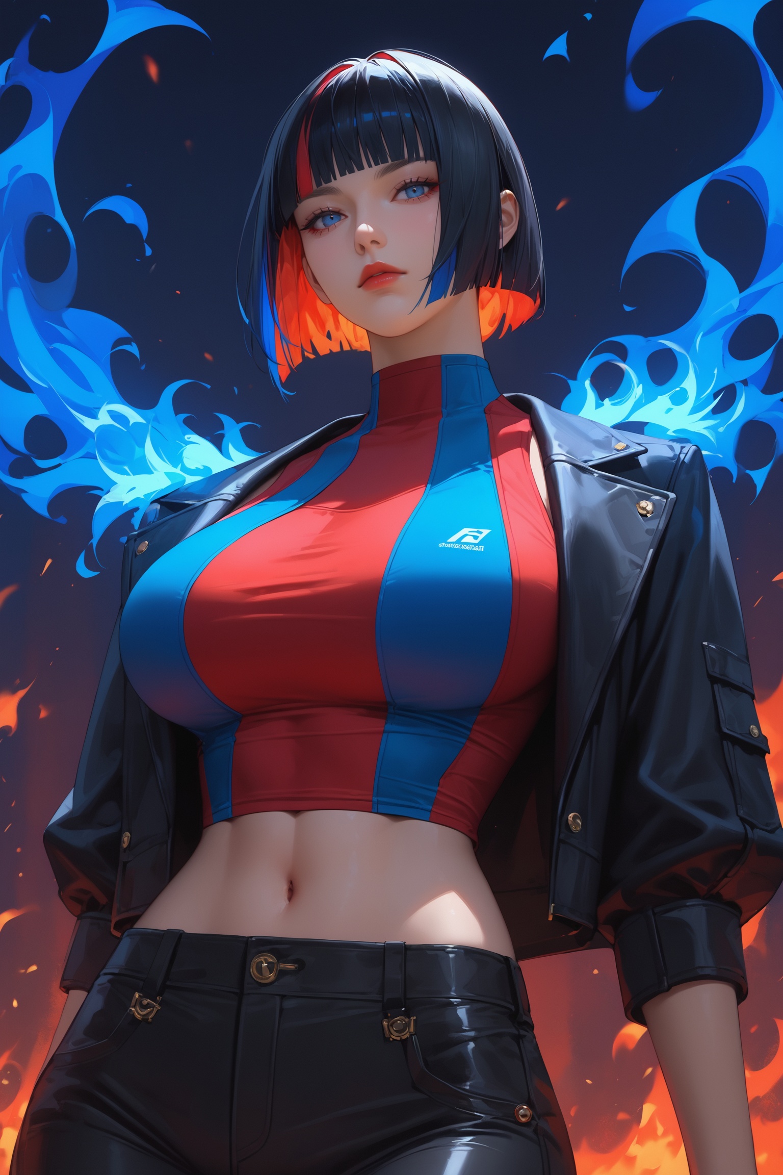 score_9, score_8_up, score_7_up, source_anime, from below, 1girl, solo, looking at viewer, expressionless, (red hair black hair blue hair multicolored hair), short hair bob haircut hime cut, ((black jacket red shirt blue shirt multicolored shirt black pants:1.2)), big breasts, natural red lips, navel, dark background, (blue fire and red fire:1.3)