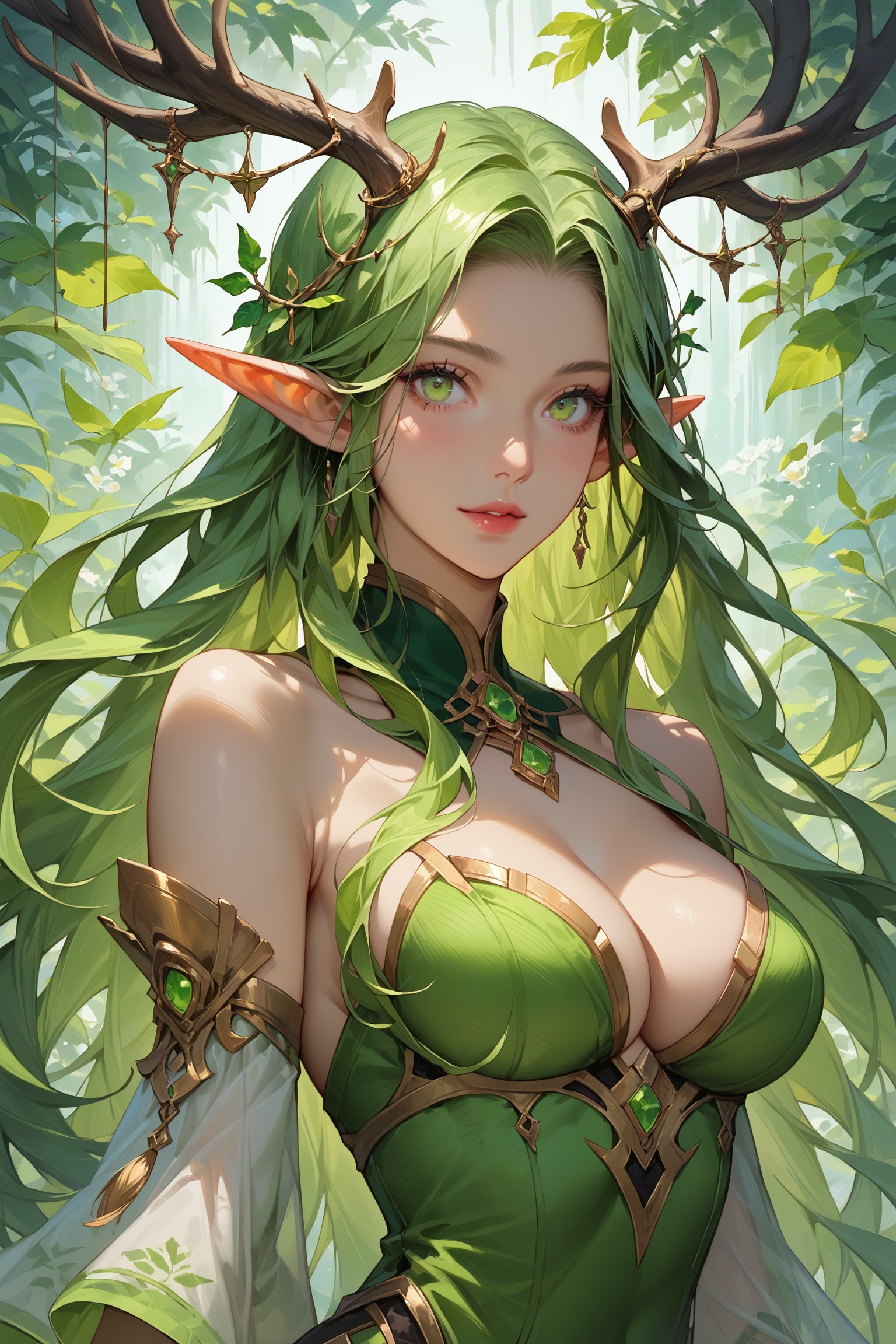 score_9, score_8_up, score_7_up, masterpiece, best quality, absurdres, very aesthetic, source_anime, detailed illustration, 8K UHD, upper body, 1girl, solo, looking at viewer, long hair, medium breasts, cleavage, bare shoulders, green eyes, detached sleeves, green hair, pointy ears, leaf, elf, green dress, antlers