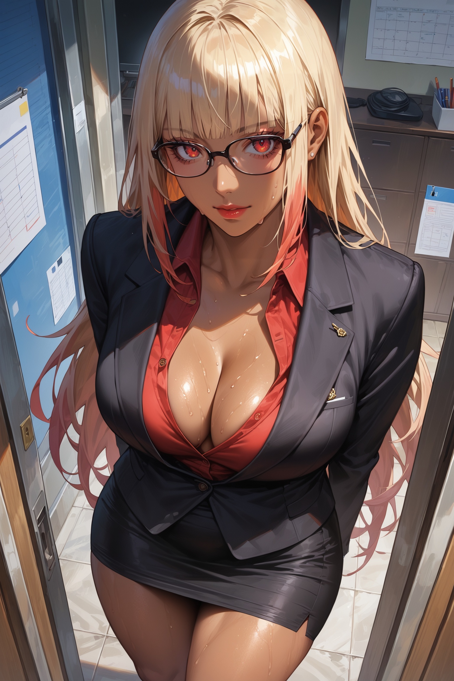 score_9, score_8_up, score_7_up, masterpiece, best quality, absurdres, very aesthetic, source_anime, detailed illustration, 8k UHD, (detailed background:1.1), ((from above)), office lady, 1girl, solo, looking at viewer, ((tan skin)), blond hair, long hair, hime_cut, red eyes, thighs, thick thighs, ((hands behind her back:1.1)), sweat, cleavage, voloptuous, curvy body, glasses, black jacket, red shirt, standing, black pencil skirt, portrait, cowboy shot, indoors, daylight