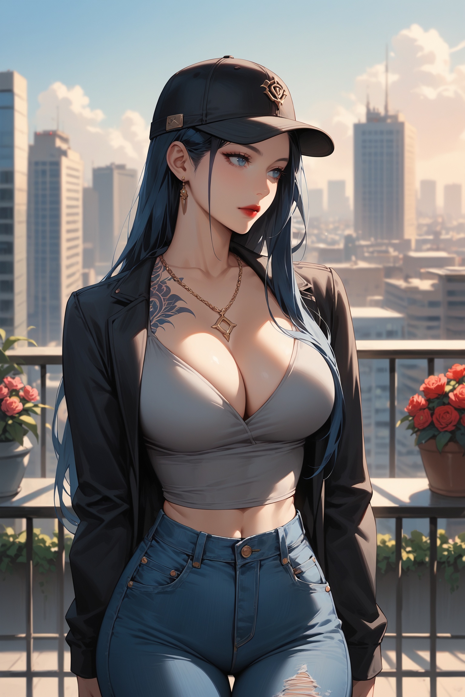 score_9, score_8_up, score_7_up, source_anime, masterpiece, best quality, absurdres, very aesthetic, cowboy shot, blurry background, 8k UHD, 1girl, solo, looking away, cleavage, big breasts, long hair, dark blue hair, red lips, blue ocean eyes, closed mouth, black jacket, grey shirt, blue jeans, long sleeves, black baseball cap, necklace, ((tattoo on her cleavage:1.2)), ((on balcony, fences, tall sky city, modern city)), side lit, flower in vase, blue sky, dark contrast, cinematic