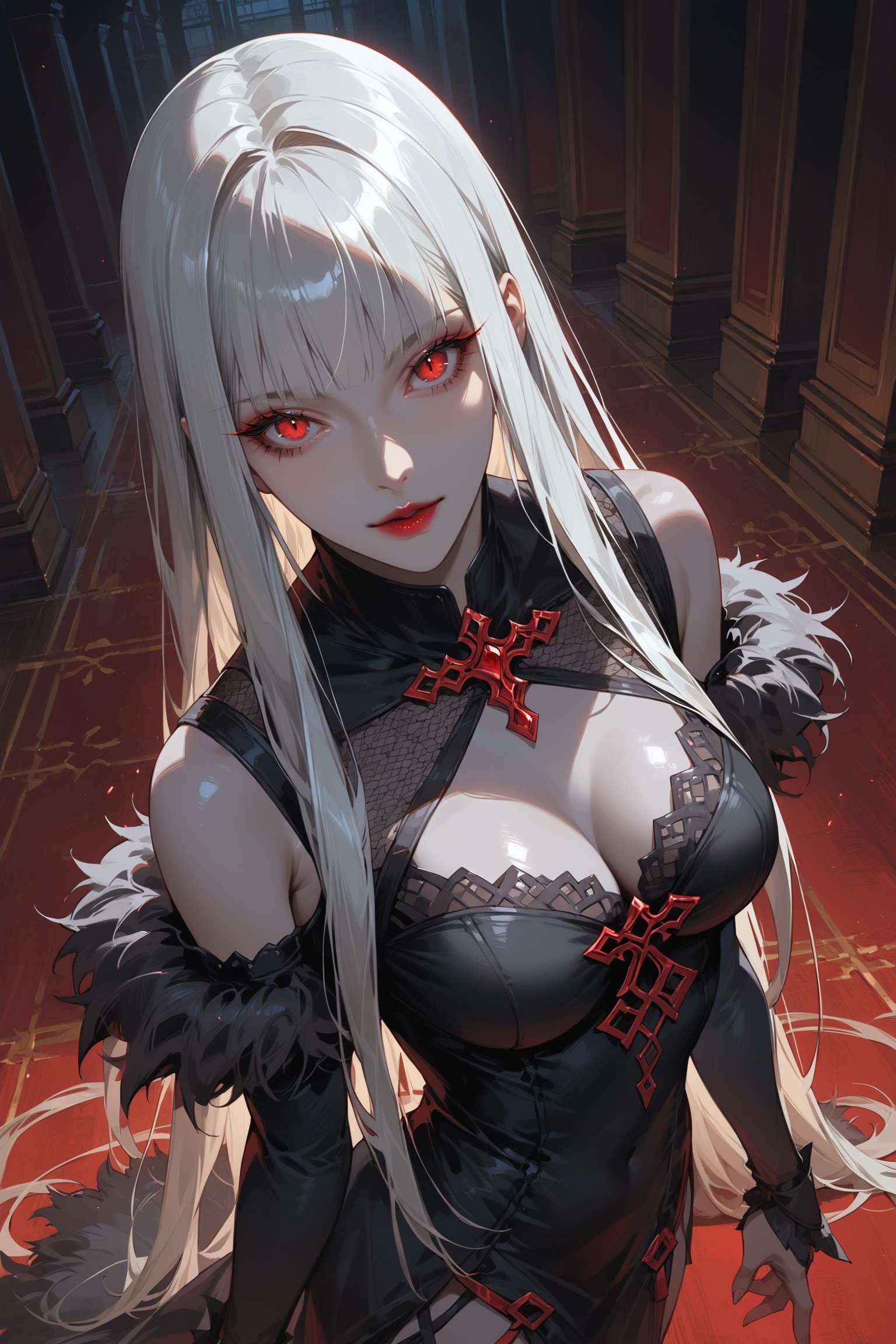 score_9, score_8_up, score_7_up, source_anime, detailed illustration, 8K UHD, face focus, ((from above side angle:1.2)), vampire, grey skin tone, 1girl, solo, looking at viewer, red lips, cleavage, medium breasts, red eyes, grey hair, long hair, hime_cut, bangs, black fur dress, ((black sleeves, deteached sleeves)), intricate dress, standing, indoors, dark background, head tilted up