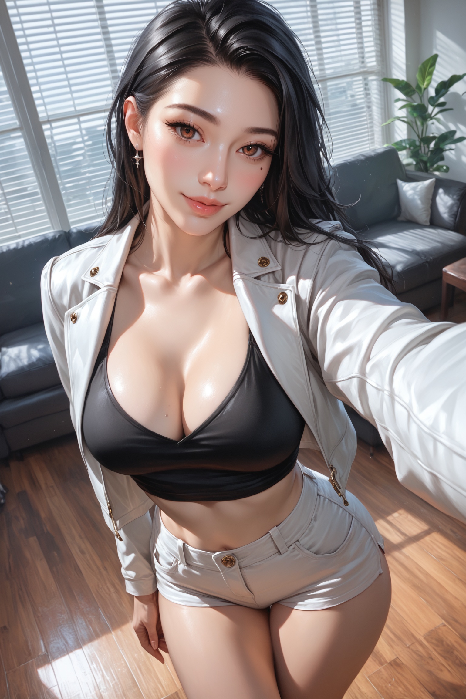 score_9, score_8_up, score_7_up, from above, photorealistic, realism, a beautiful kpop idol girl, asian, black hair, brown eyes, mole under eye, pale skin, selfie photo, slight smile, cleavage, curvy hips bare thighs, (dancing outfit white jacket black top crop shirt white short pant), indoors