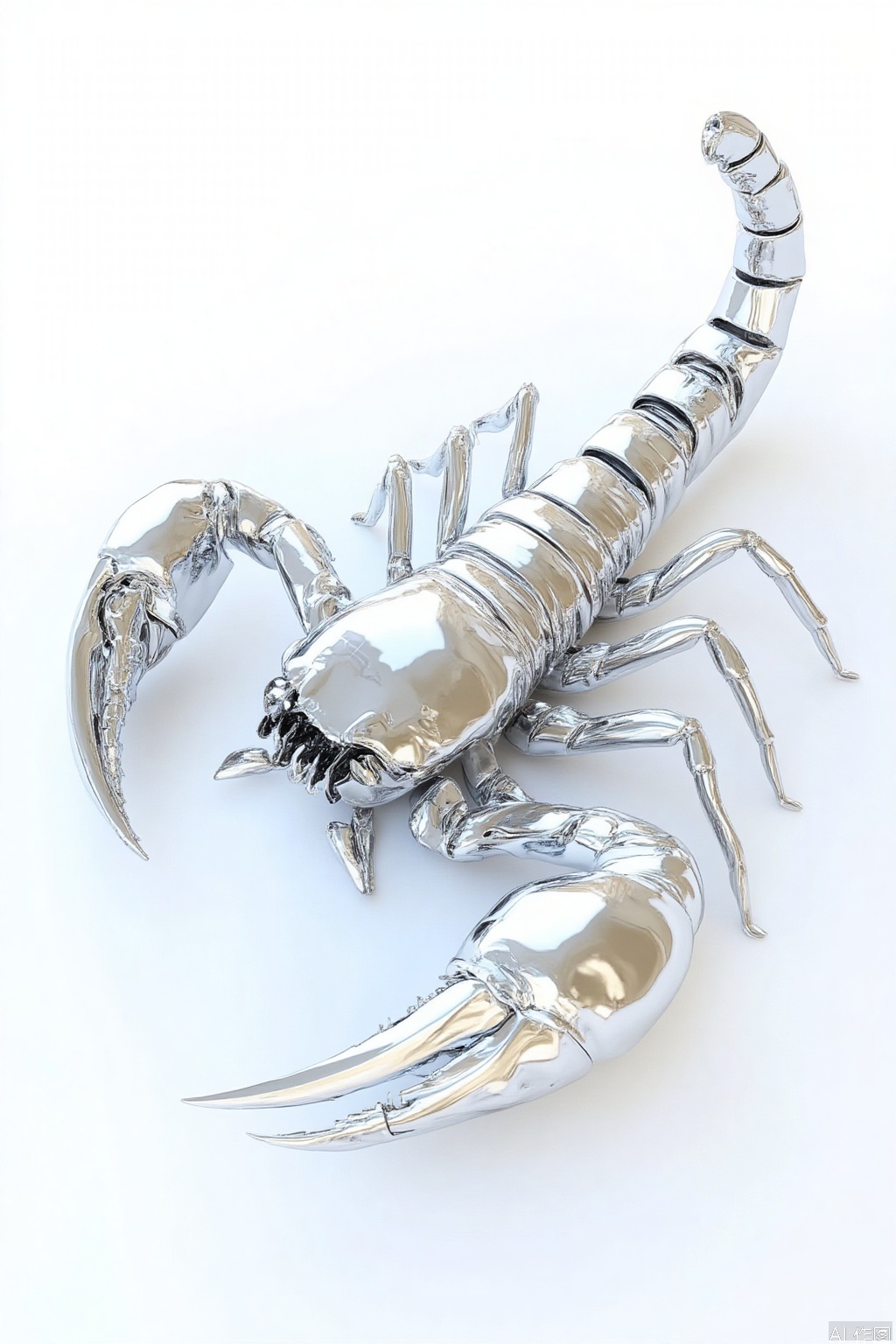 Render a 3D image of a silver scorpion with a metallic chrome finish, set against a crisp white background. The scorpion's body should be crafted from liquid metal material, showcasing intricate details and textures. The overall effect should be highly detailed and in high resolution, with hyper-realistic focus and sharp clarity.