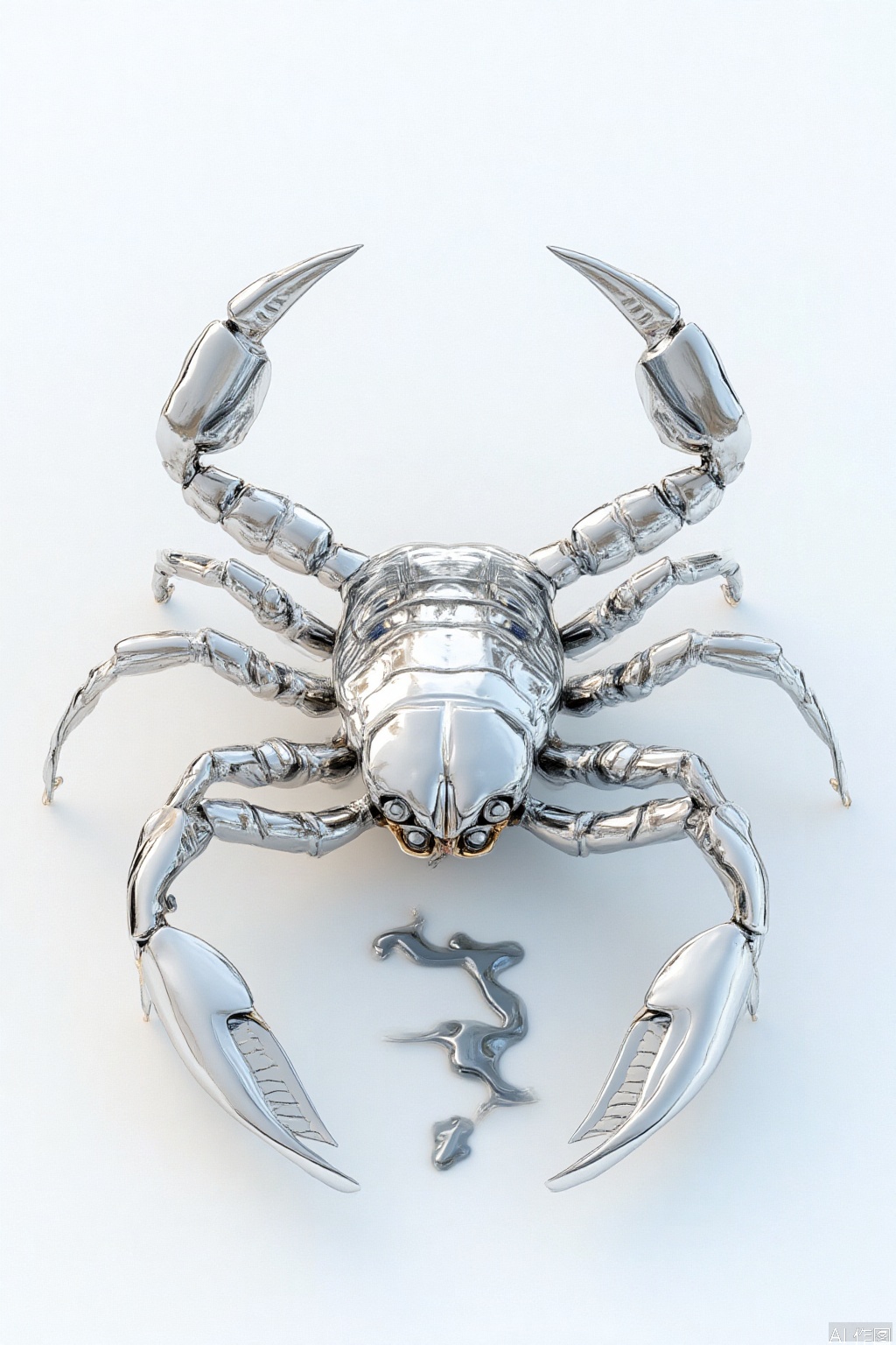 Render a 3D image of a silver scorpion with a metallic chrome finish, set against a crisp white background. The scorpion's body should be crafted from liquid metal material, showcasing intricate details and textures. The overall effect should be highly detailed and in high resolution, with hyper-realistic focus and sharp clarity.