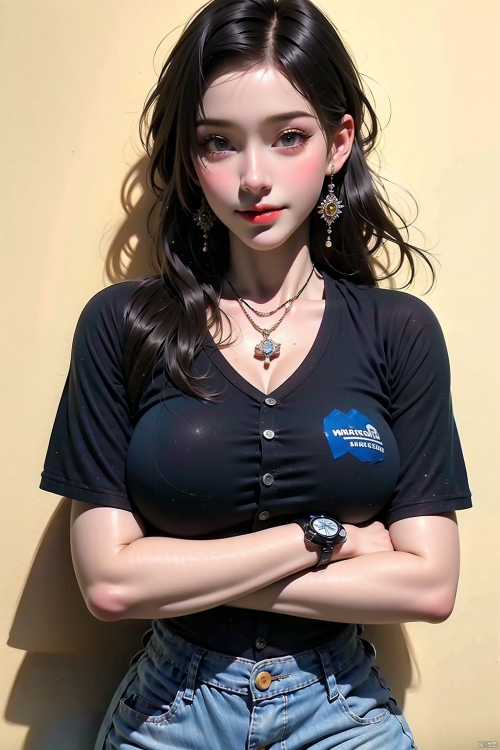 1girl solo breasts smile shirt black hair jewelry short sleeves pants necklace crossed arms denim watch yellow shirt jeans realistic