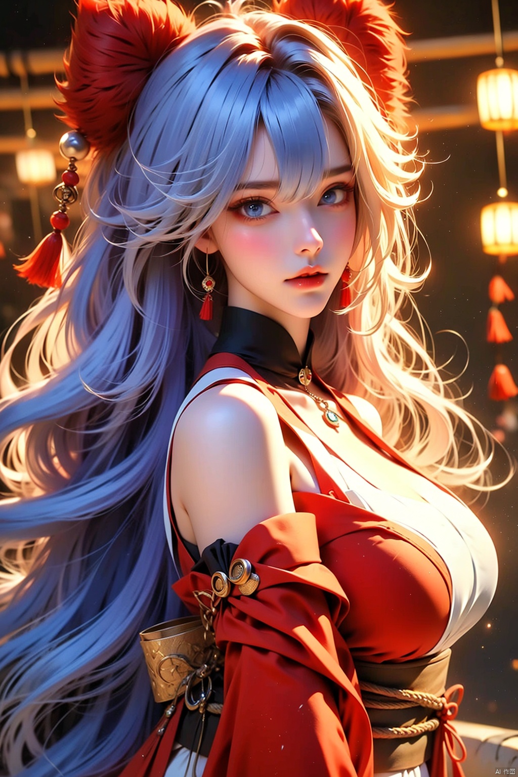 1girl, solo, long hair, breasts, looking at viewer, bangs, blue eyes, large breasts, animal ears, hair between eyes, bare shoulders, jewelry, very long hair, cowboy shot, parted lips, detached sleeves, japanese clothes, animal ear fluff, sash, fox ears, obi, hair intakes, tassel