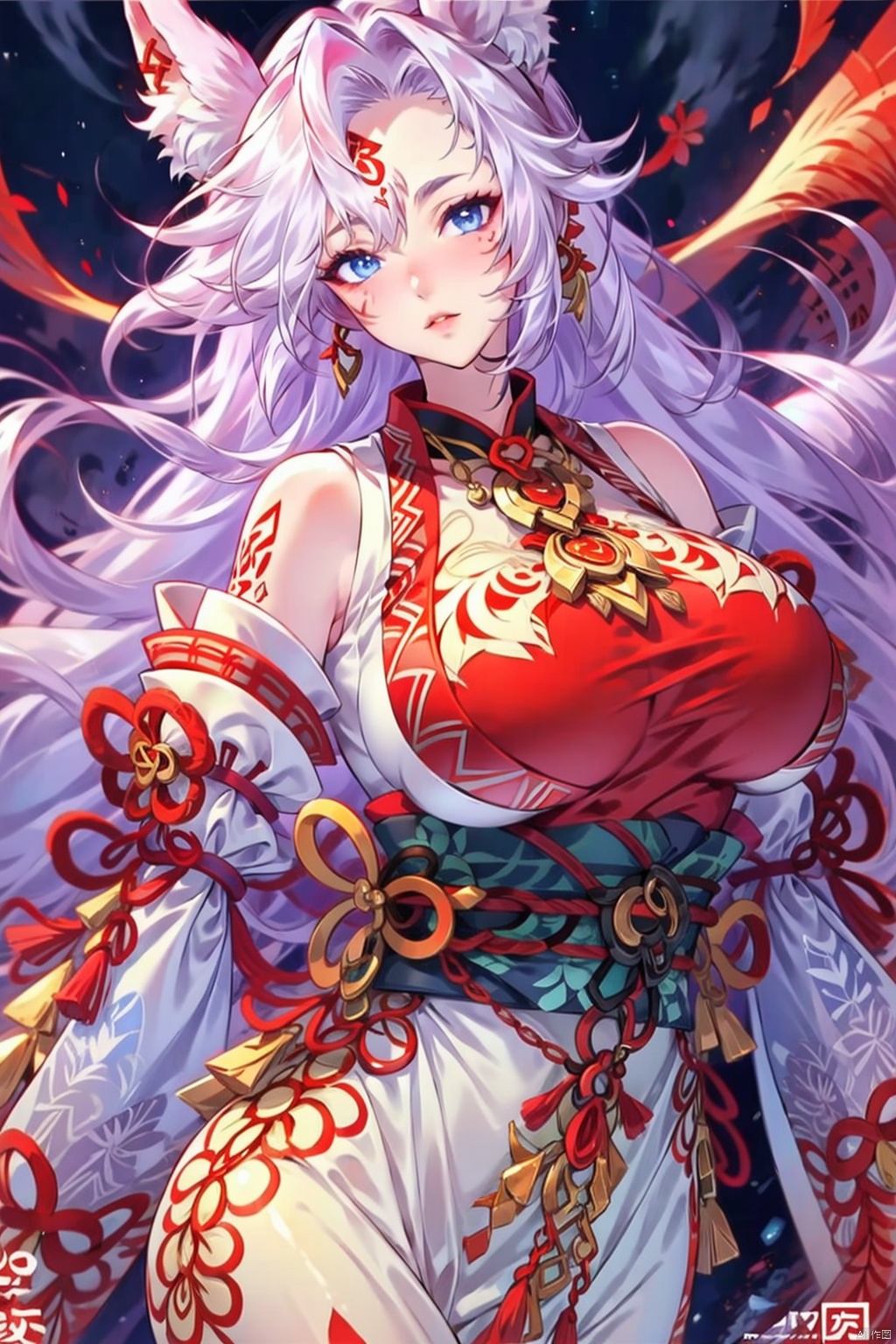 1girl solo long hair breasts looking at viewer blue eyes large breasts animal ears bare shoulders jewelry white hair parte...