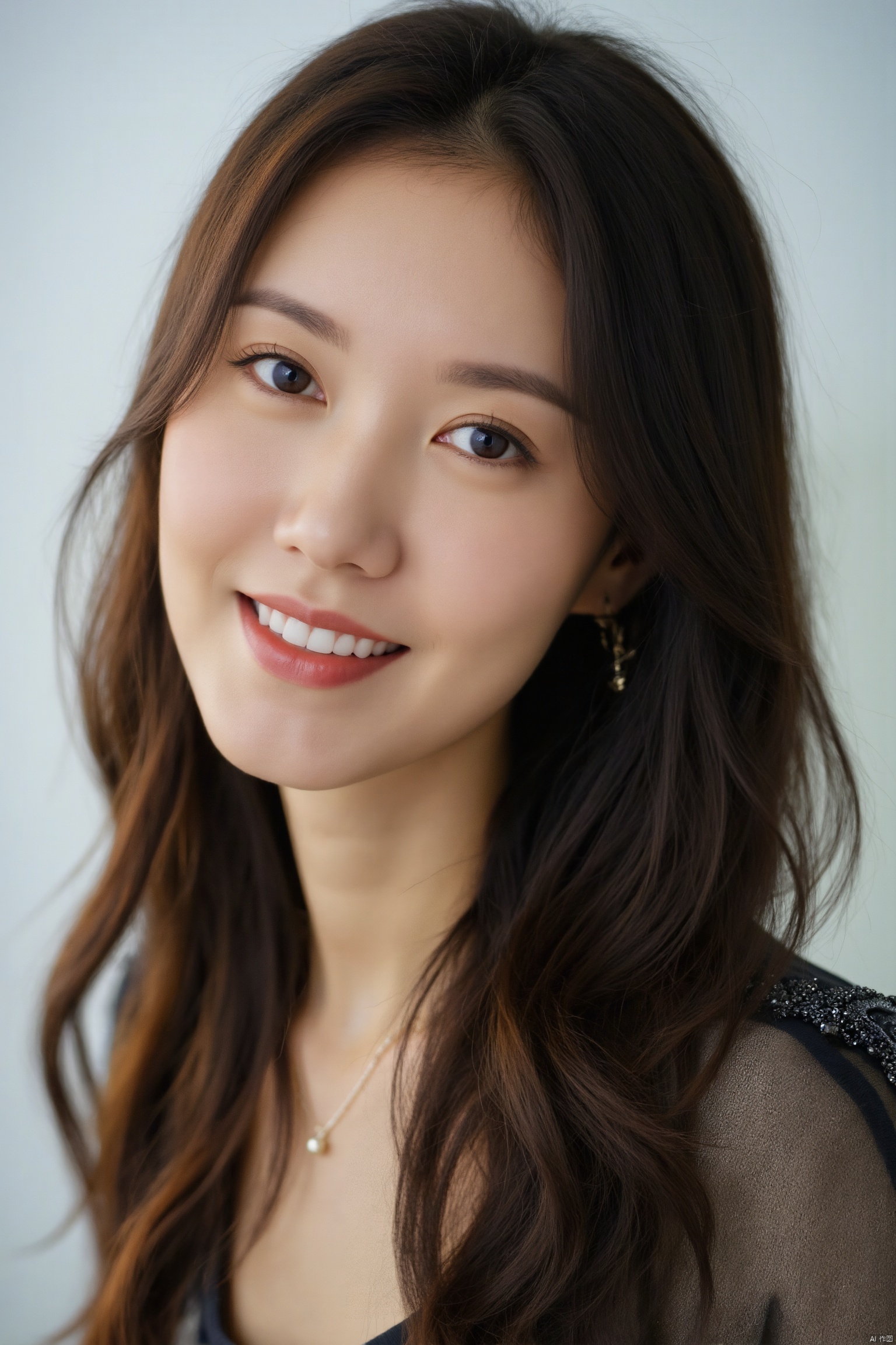 Here's a high-quality, coherent prompt for an SD model:

A stunningly beautiful 18-year-old Korean girl with extremely detailed features, big eyes, and a bright smile gazes directly at the viewer from a simple white background. Her long hair cascades down her back, and she wears fingerless gloves, cowboy-style shoulder armor, and a crop top that reveals her toned midriff. Her dark skin glistens with a subtle sheen, and her brown eyes sparkle with mischief. The lighting is soft and even, showcasing the intricate details of her facial features and the texture of her hair. A delicate necklace adorns her neck, and her navel is pierced with a small stud. The focus is on her face, with the rest of the image fading gently into the background. Score: 9.