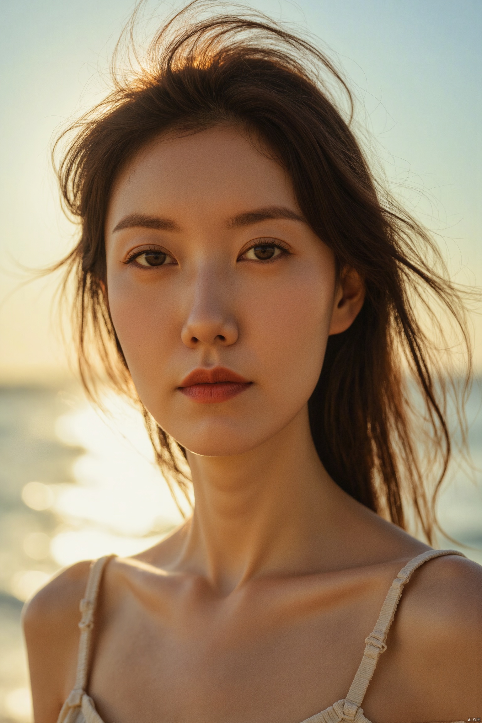 ( chiaroscuro,Fujicolor, UHD, super detail ,raw,85mm,f/1.2,FujifilmXT4,),1girl,selfie,sea, wind, messy hair, sunshine, beach, (aesthetics and atmosphere:1.2)
