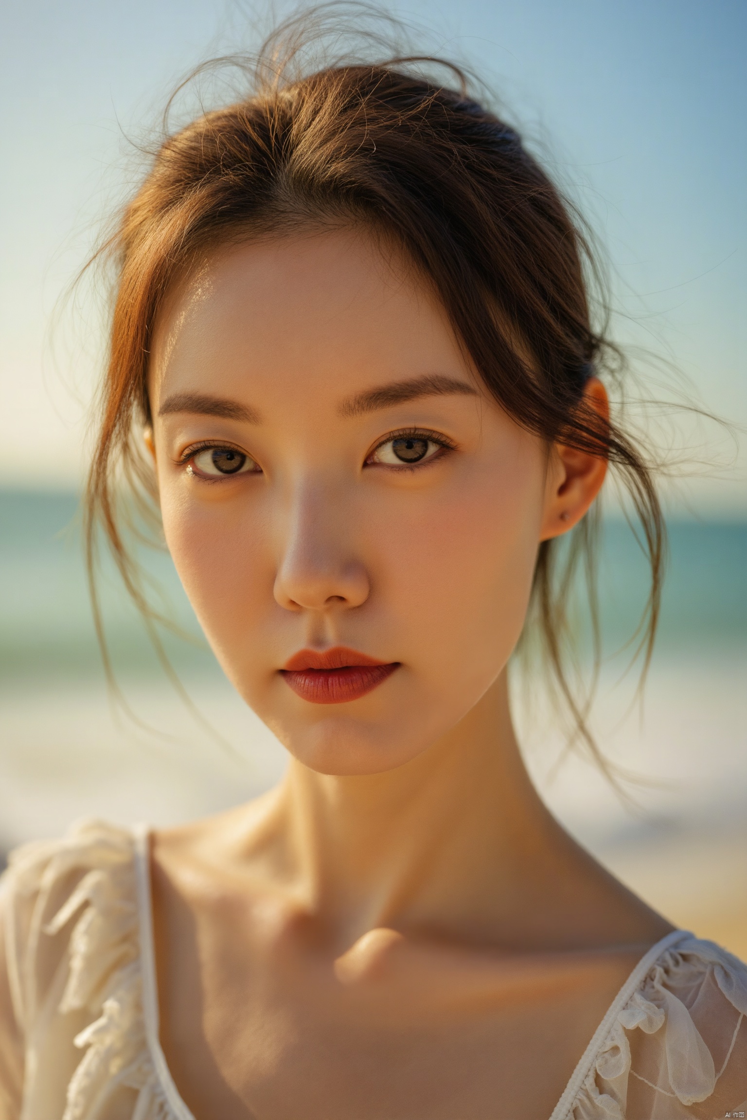 ( chiaroscuro,Fujicolor, UHD, super detail ,raw,85mm,f/1.2,FujifilmXT4,),1girl,selfie,sea, wind, messy hair, sunshine, beach, (aesthetics and atmosphere:1.2)

