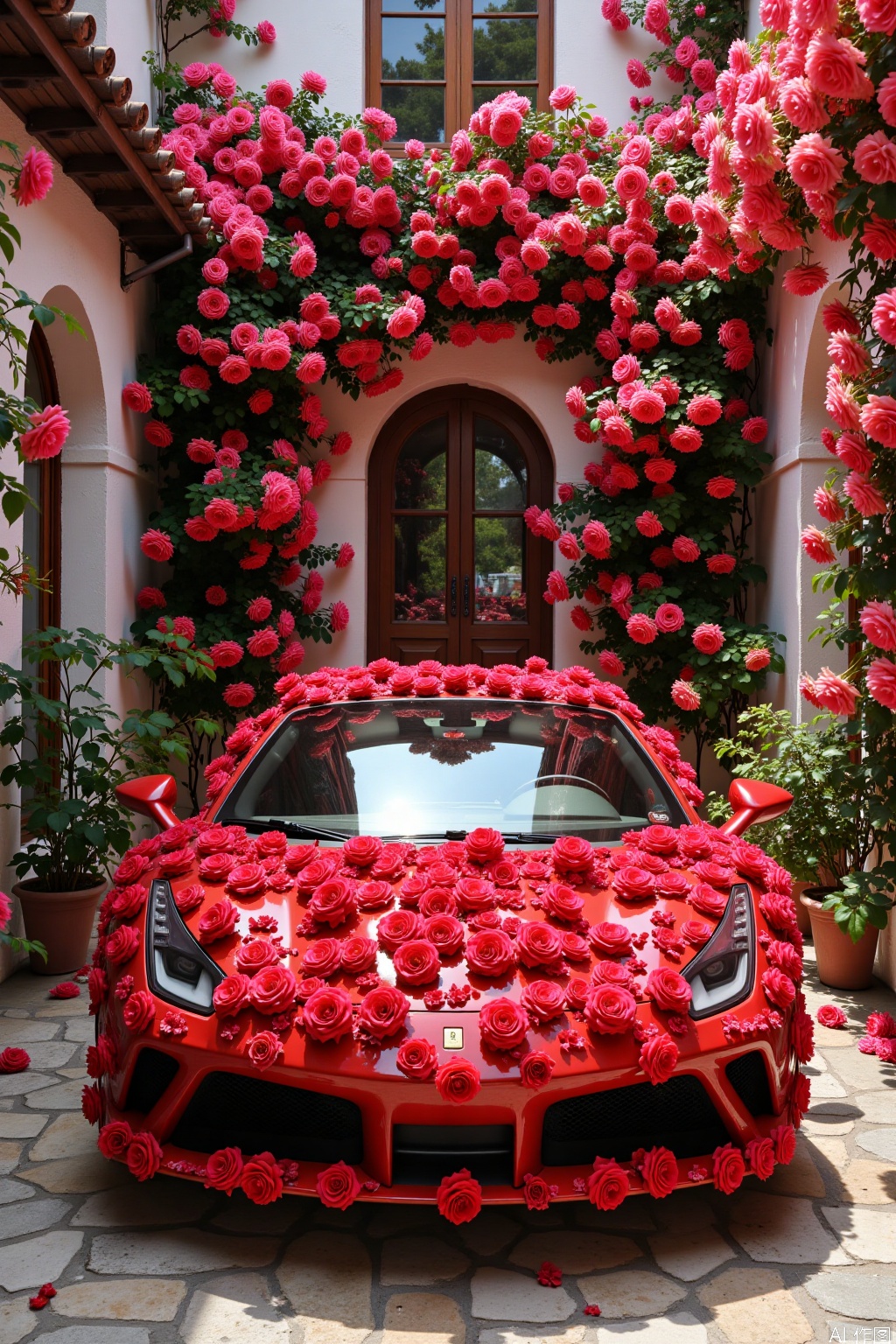 A sleek, modern red sports car, completely decorated with red roses, flowers covering the entire car,Behind it is a white villa, with lush green plants on either side, the white building covered in vines and blooming red flowers.