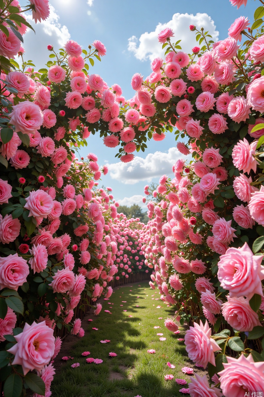  A vibrant photograph of a lush rose garden with pink roses forming a heart shape. The sky is bright blue with fluffy white clouds. Sunlight filters through, casting a warm glow. The foreground is filled with green grass and more roses, creating a romantic, dreamy atmosphere. 