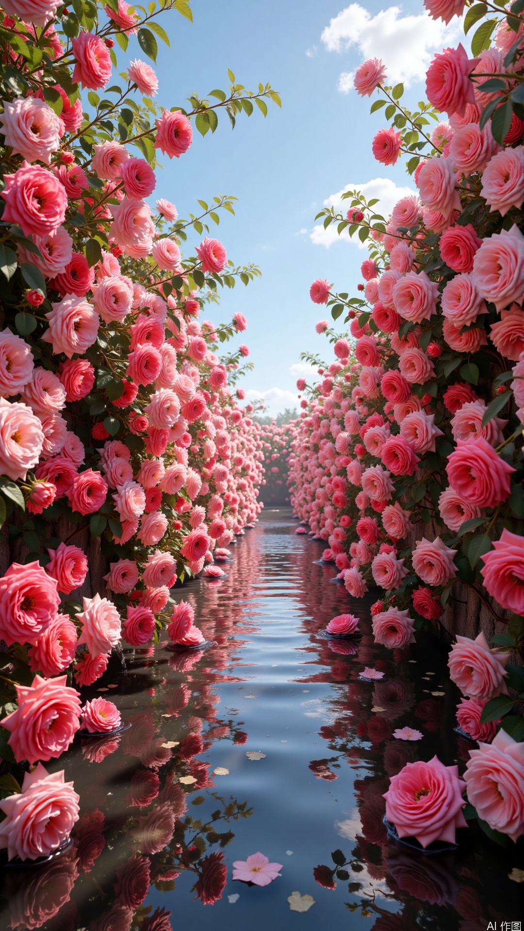 Eternal, the ocean is filled with red and white roses forming a long path way on ocean surfaces, clear blue sky, highly detailed, ultra-high resolutions, 32K UHD, best quality, masterpiece