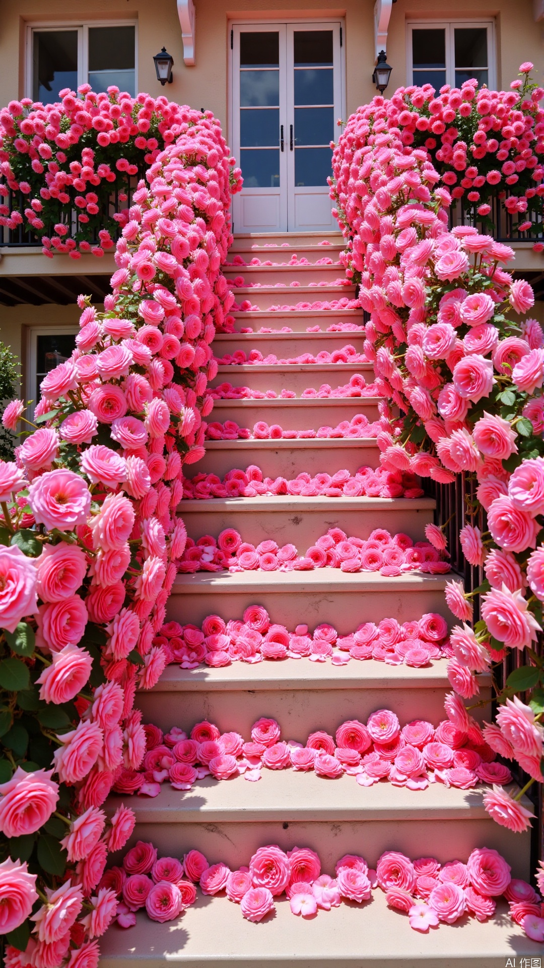 The image depicts a grand staircase adorned with an abundance of pink roses, leading up to a house.

The staircase is composed of five steps, each blanketed by numerous bright-pink rosebuds, which are also attached to the sides of the stairs. The petals have been carefully arranged, creating a uniform and inviting appearance. A railing on the right side leads up to the house, while another railing on the left appears to lead off to an unknown location. The house features beige walls with white trim around the windows.

The overall atmosphere is one of serenity, with the rose-covered stairs leading up to the house creating a sense of tranquility and elegance.