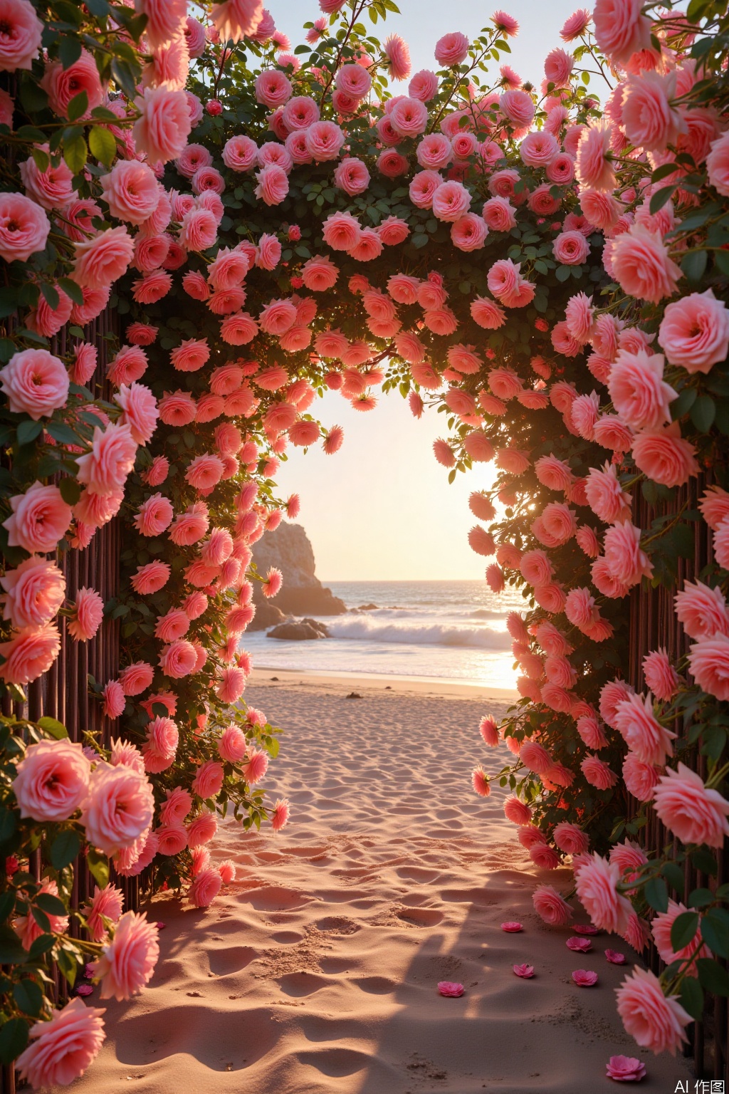 a circular arch of roses,beach,romantic atmosphere,backlight,soft light,telephoto lens,warm tones. Ultra wide angle,