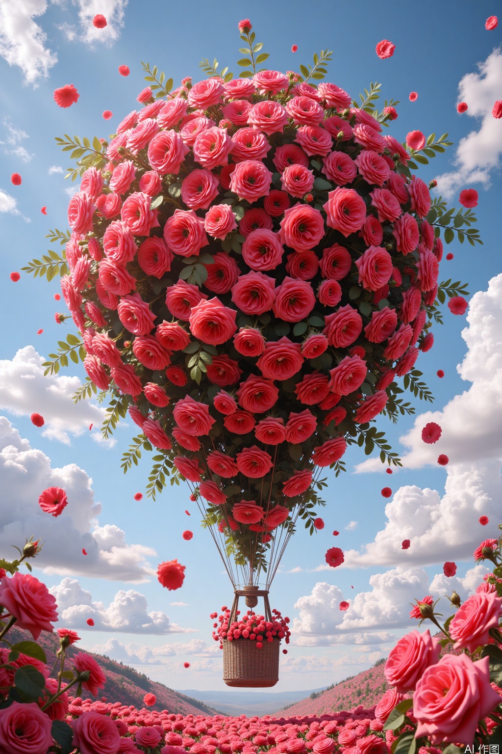  A vibrant digital artwork depicts a hot air balloon filled with a massive bouquet of red roses, with petals scattering below. The sky is a bright blue with scattered clouds. The balloon's basket is adorned with a white, flowing fabric. The image is surreal and whimsical, blending reality with fantasy. 