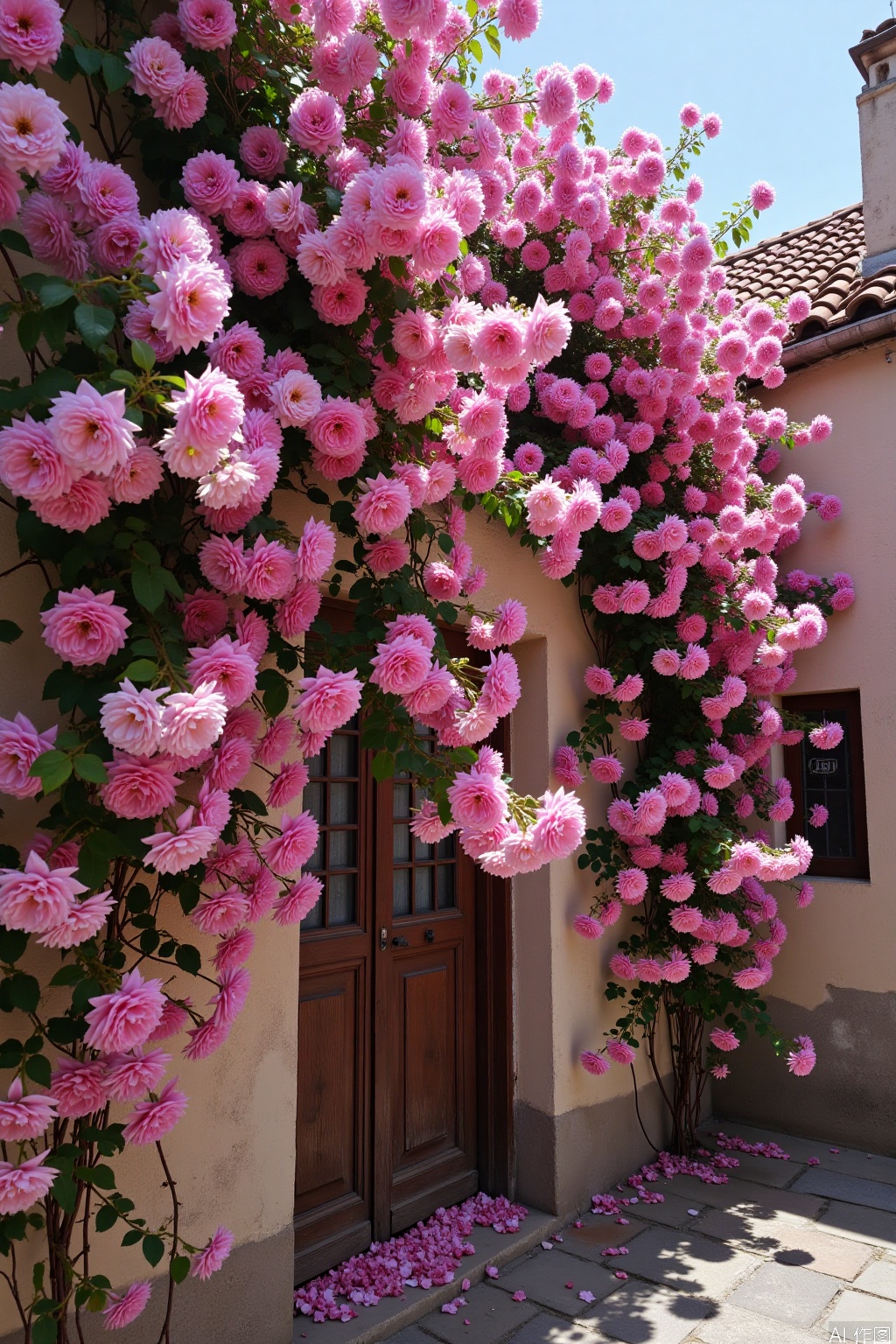 MM,MM,pink flowers, grow on roof, hang down, old buildings side