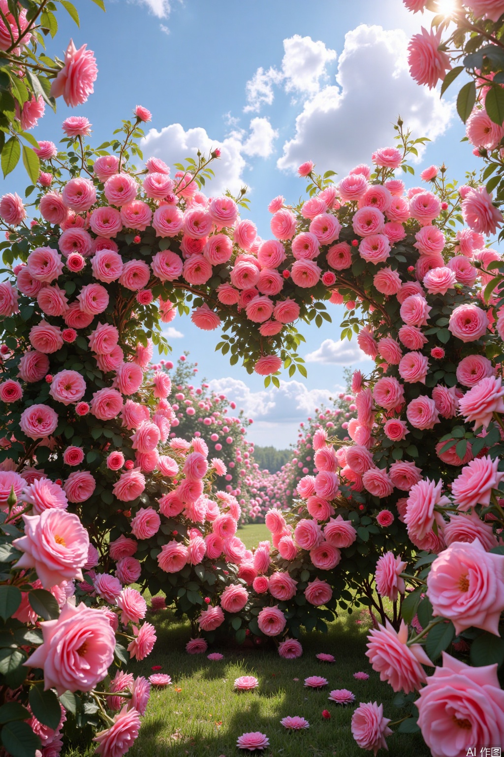  A vibrant photograph of a lush rose garden with pink roses forming a heart shape. The sky is bright blue with fluffy white clouds. Sunlight filters through, casting a warm glow. The foreground is filled with green grass and more roses, creating a romantic, dreamy atmosphere. 