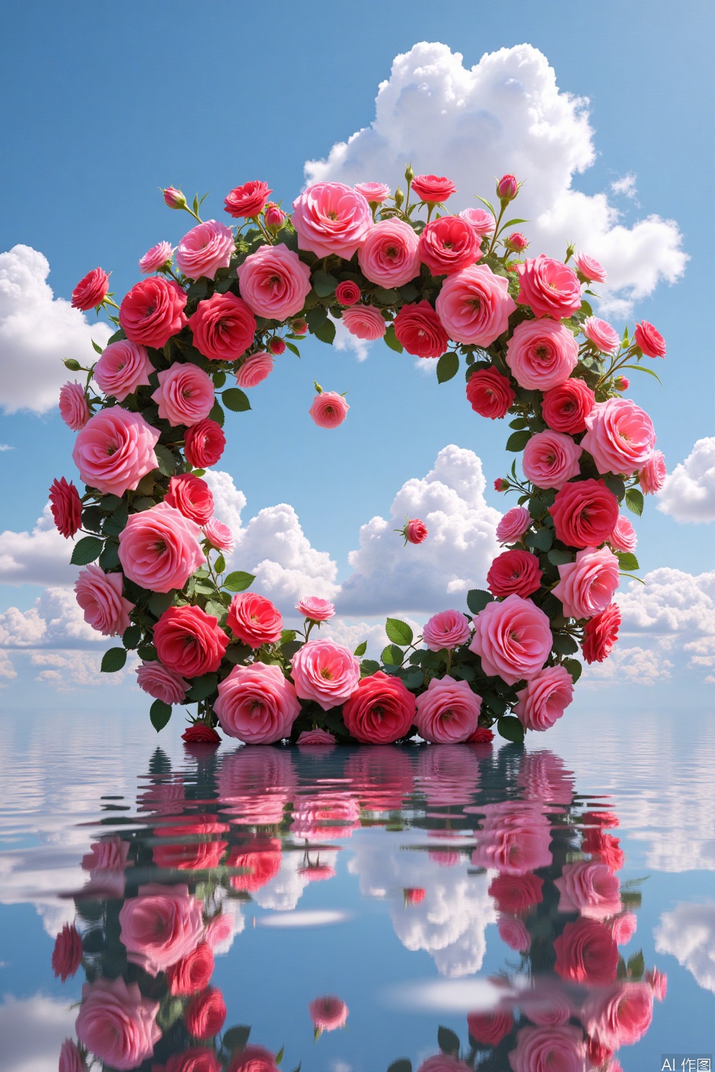  A surreal digital artwork featuring a vibrant, circular wreath of red roses floating in a clear blue sky with fluffy white clouds. The wreath, composed of lush, detailed roses, creates a mirrored reflection on the sky, blending reality and fantasy. The image evokes a dreamy, ethereal atmosphere. 