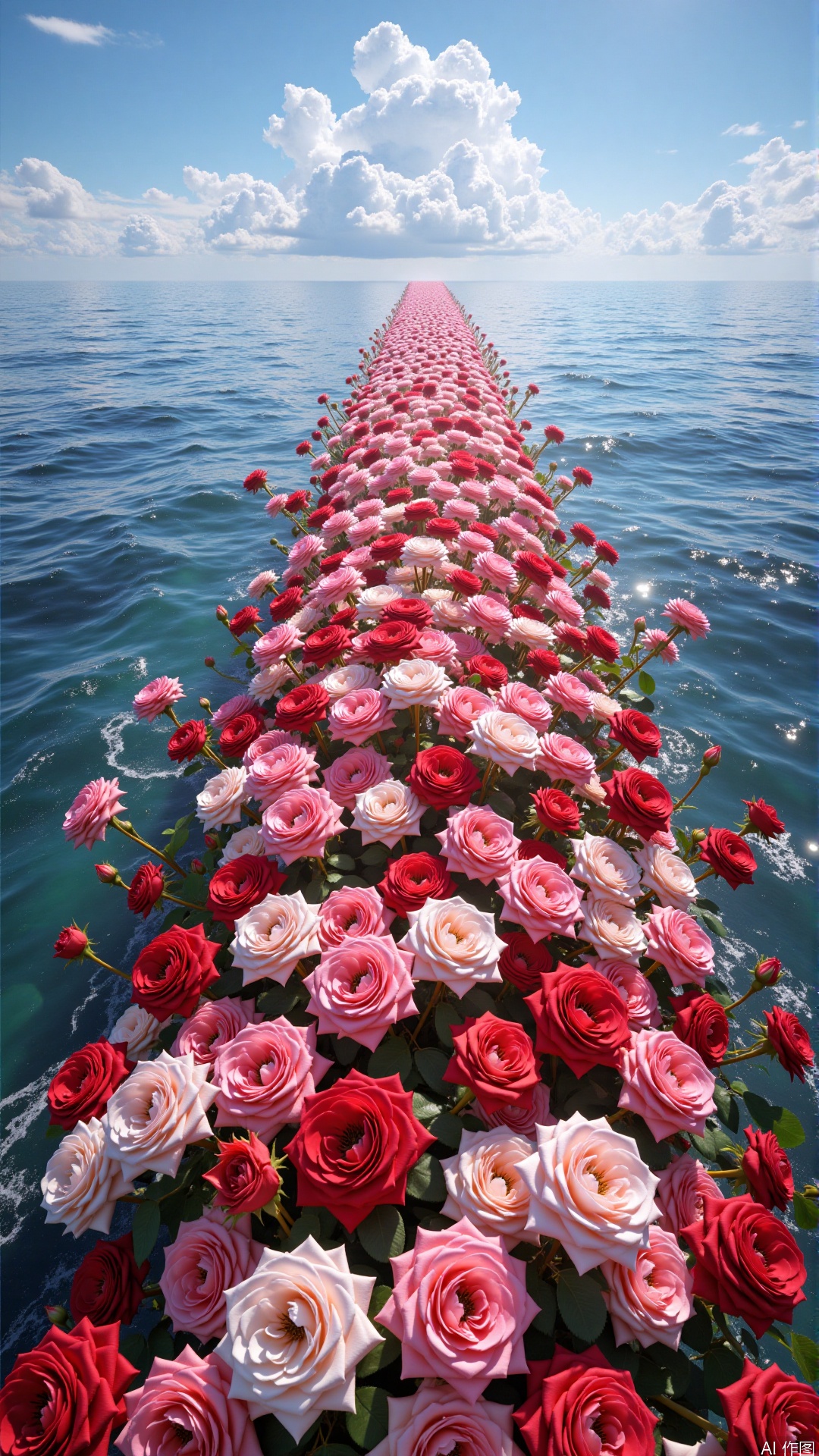 Eternal, the ocean is filled with red and white roses forming a long path way on ocean surfaces, clear blue sky, highly detailed, ultra-high resolutions, 32K UHD, best quality, masterpiece
