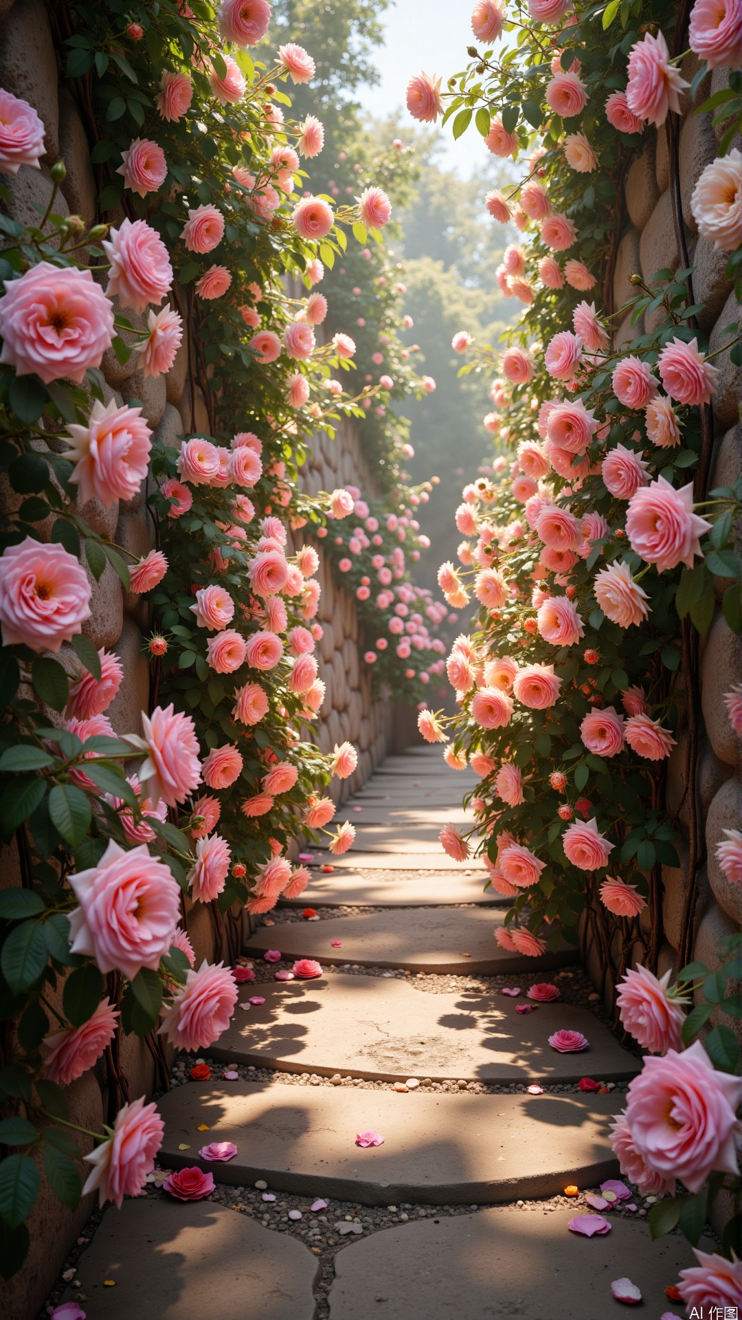 White Rose,Yellow Rose,Purple Rose,A rose garden,a large number of roses,A trail,flower,rich in color,a stone wall,glass bright,glowing inside,Fog,plant,Pine Forest,cloud,Trail,high quality rendering,high-definition picture quality,(ultra-high resolution, 1.2),(realistic:1.4),(8k, Interest),yj,,(romantic:1.3),(flower sea:1.5),(a winding path with flowers on both sides:1.2),sunshine
