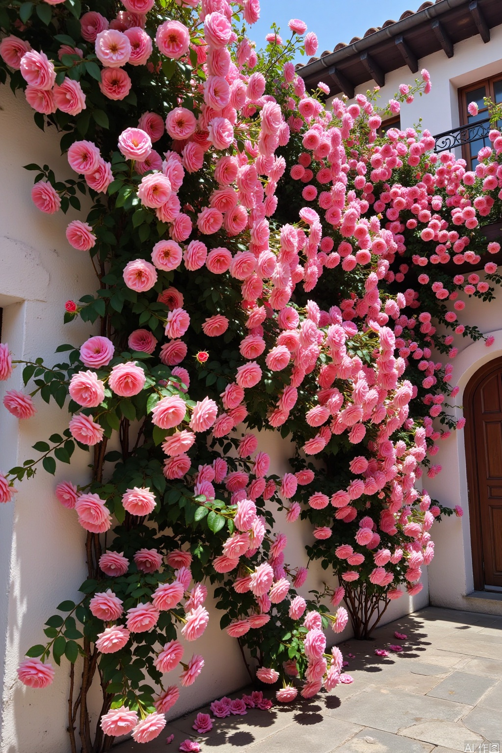 The image shows a beautiful display of pink roses growing on the side of a white building
The roses are in full bloom and are cascading down the sides of the building, covering the entire wall
The building has a black tiled roof and a wooden door on the right side
The sky is visible in the background, and the overall atmosphere of the image is peaceful and serene.