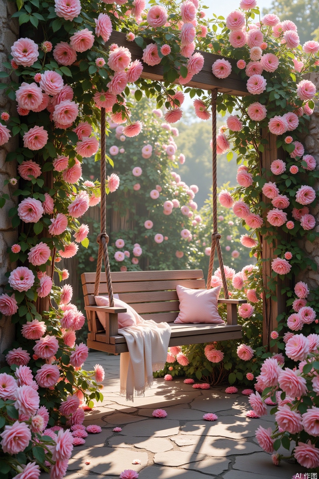 uin romantic, This picture shows a beautiful outdoor swing.
The swing is made of wooden planks and decorated with pink and white flowers and greenery.
Layers of flowers create a romantic and dreamy atmosphere.

The overall atmosphere of the painting is peaceful.
Soft color palette