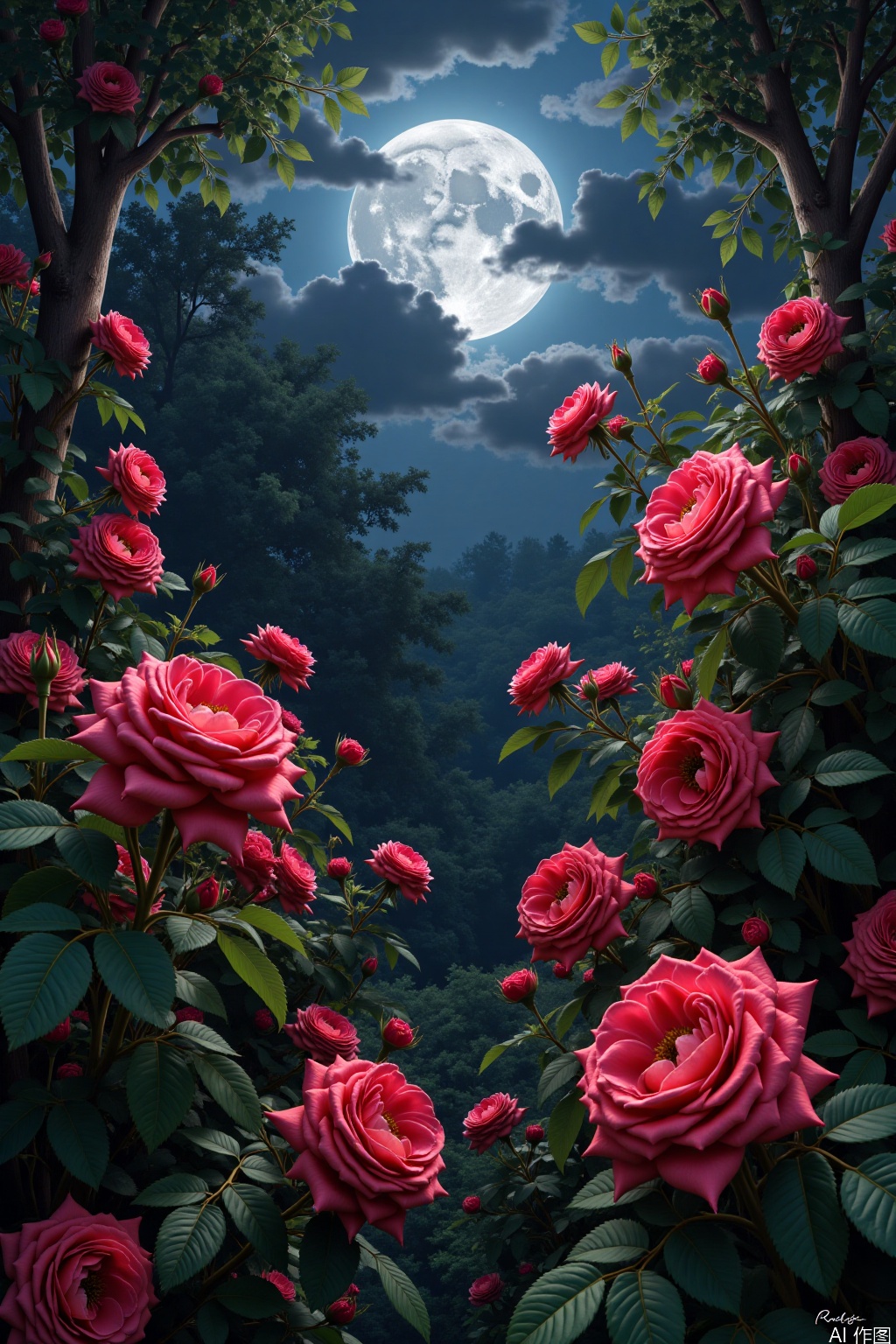  A digital painting of a moonlit garden at night, featuring vibrant red roses with lush green leaves. The full moon, partially obscured by clouds, casts a soft glow over the scene. The background is a dense, shadowy forest, adding a mystical atmosphere. The artwork is highly detailed with a realistic style. 