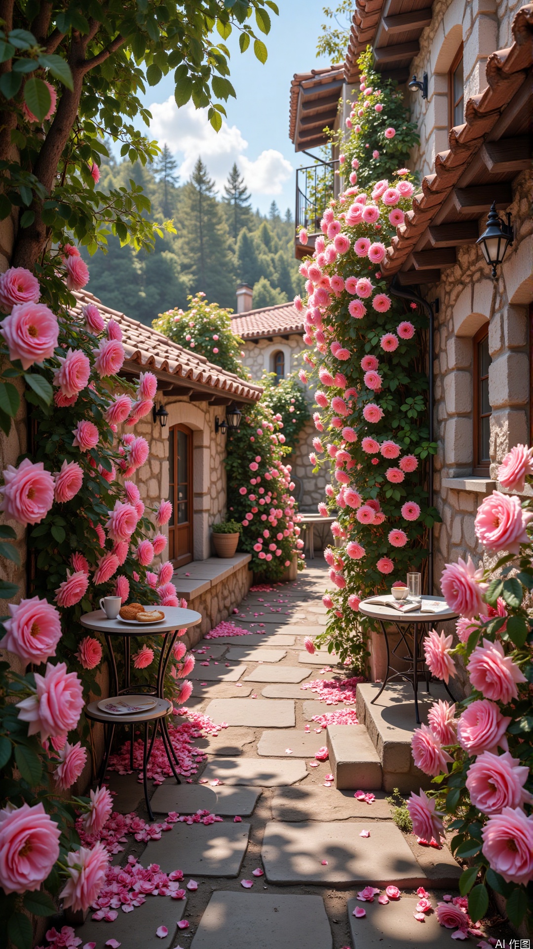 The image depicts a charming stone pathway lined with vibrant pink roses, leading to a picturesque cottage nestled among towering trees.

In the foreground, the intricate details of the pathway and rose bushes come into focus. The stone pathway is adorned with scattered petals, creating a soft, romantic ambiance that invites the viewer to explore further. The rose bushes are lush and full, their delicate pink blooms adding a touch of elegance to the scene.

As the pathway winds its way towards the cottage, the atmosphere becomes increasingly serene and idyllic. The trees tower above, casting dappled shadows on the ground below, while the sky above is a brilliant blue, with only a few wispy clouds drifting lazily across it.

In the distance, the sound of birdsong fills the air, adding to the sense of peace and tranquility that pervades the scene. The overall effect is one of understated luxury, as if the cottage and its surroundings have been carefully curated to create a haven for relaxation and contemplation.

As we continue along the pathway, the rose bushes give way to a small clearing, where a few scattered chairs and tables are arranged under a canopy of leaves. A steaming cup of coffee sits on one table, accompanied by a plate of freshly baked pastries, while another table holds an open book, its pages fluttering gently in the breeze.

To the left of the clearing, a small pond glimmers in the sunlight, reflecting the vibrant colors of the surrounding foliage. A few ducks swim lazily across its surface, adding to the sense of tranquility that pervades the scene.

As we approach the cottage itself, its rustic charm becomes apparent. The walls are adorned with climbing vines and flowers, while a small porch beckons visitors to come inside. A soft light emanates from within, casting a warm glow over the surrounding landscape.

In the background, the trees continue to tower above, their leaves rustling softly in the breeze. The sky remains clear, with only a few wispy clouds drifting lazily across it. The overall effect is one of serenity and peace, as if the cottage and its surroundings have been carefully crafted to create a haven for relaxation and rejuvenation.

As we step inside the cottage, the atmosphere becomes even more intimate and inviting. The interior is cozy and rustic, with wooden beams and stone walls creating a warm and welcoming ambiance. A crackling fire burns in the hearth, casting a golden glow over the surrounding furniture.

In the corner of the room, a small table holds an assortment